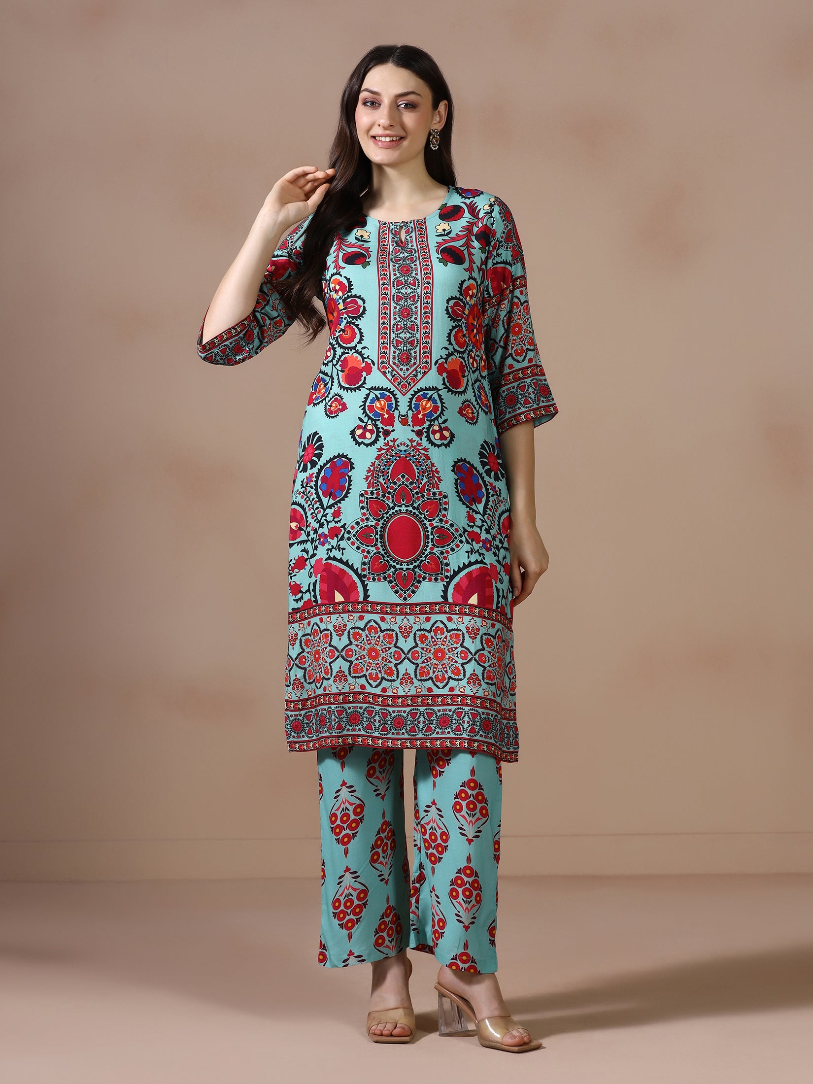 Women Liva Green Printed Kurta With Comfort Pant