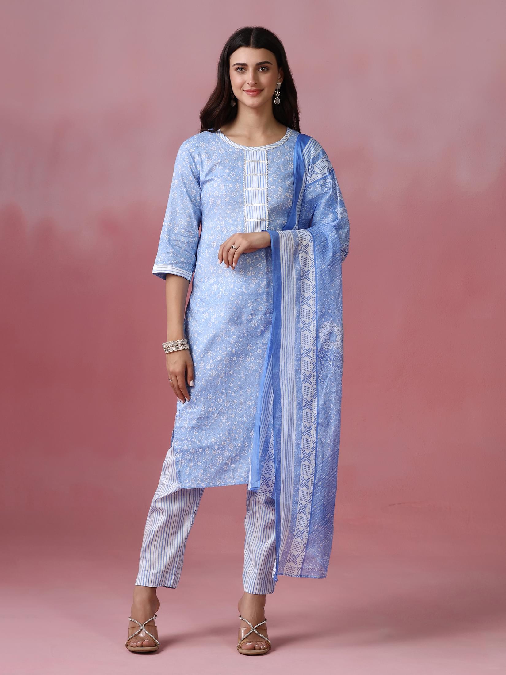Women Cotton Blue Printed Kurta Trouser Dupatta.