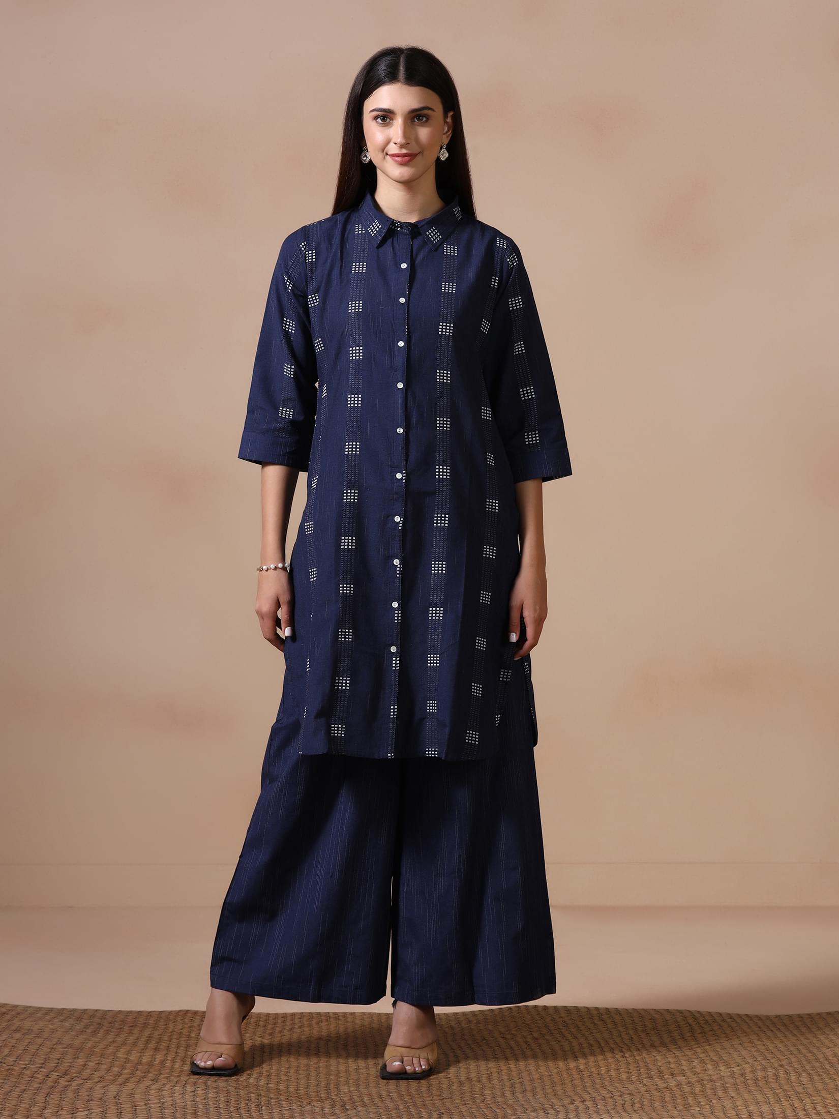 Women Poly Cotton Navy Blue Yarn Dyed Kurta With Wide Leg Pant.