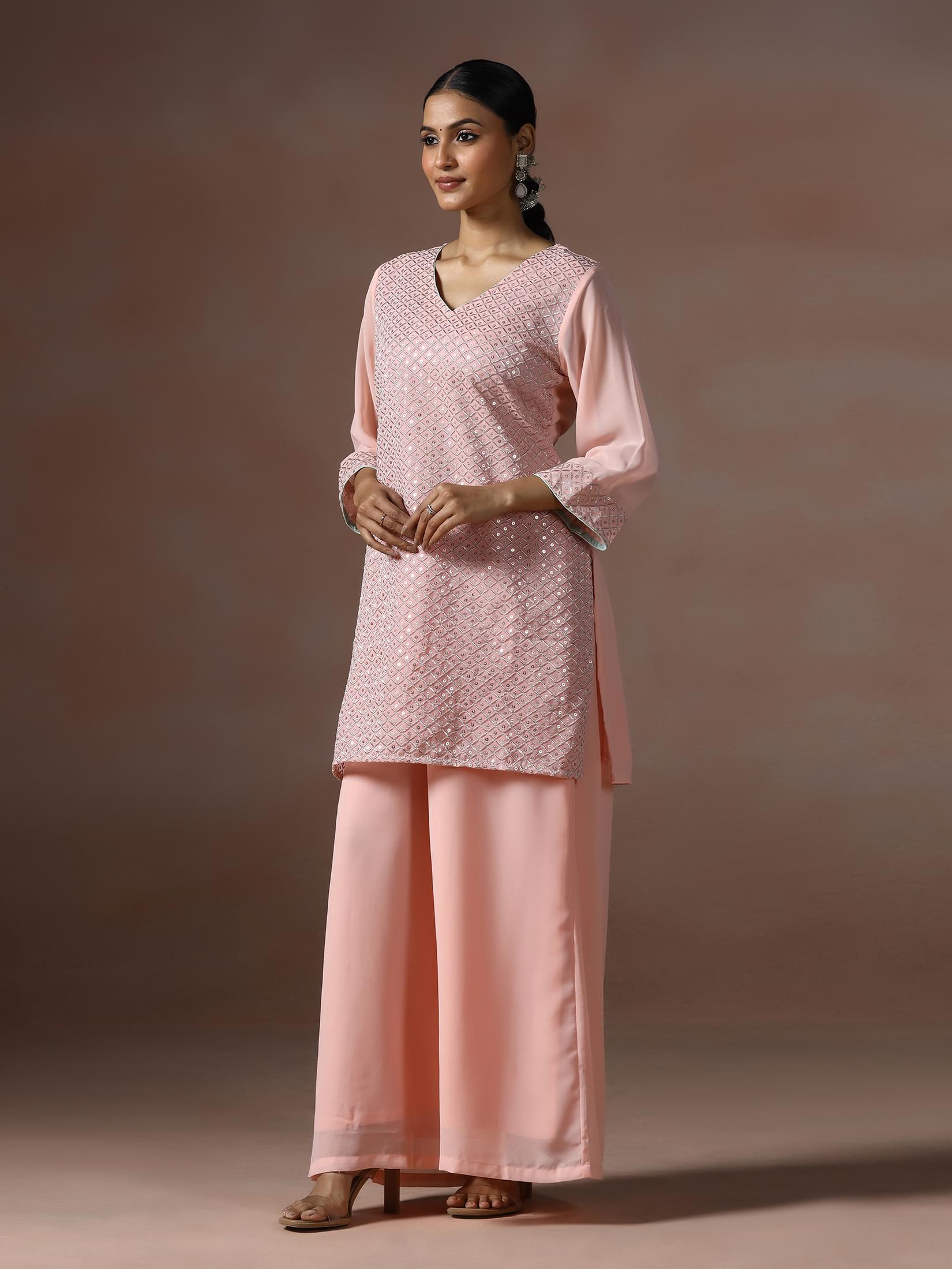 Women Georgette Pink Embroidered Kurta Split Pant Dupatta.