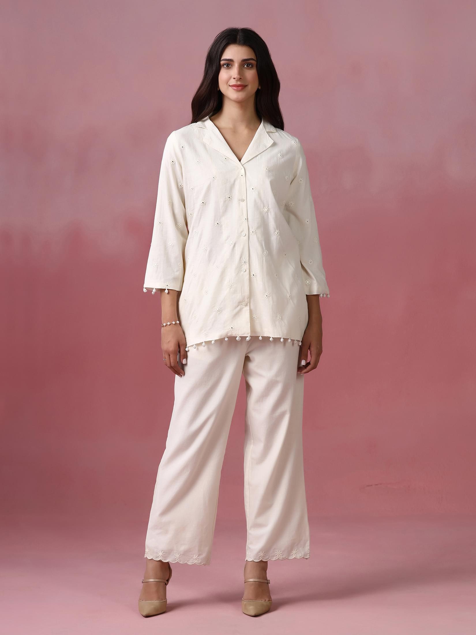 Women Cotton Off White With Embroidered Work Co Ord Set.