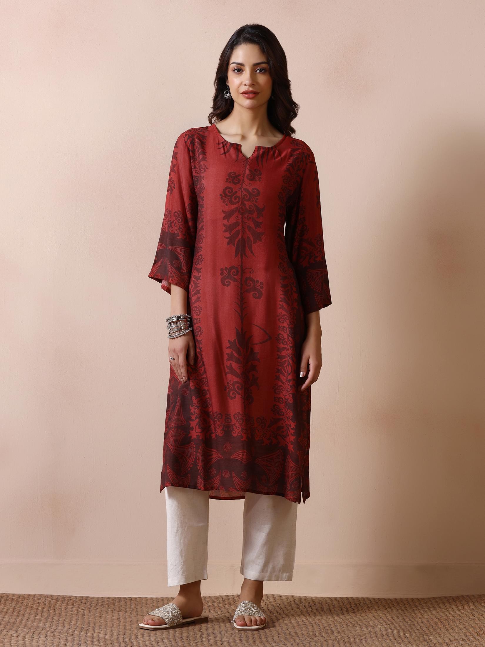 Women Chanderi Rust Printed Kurta.