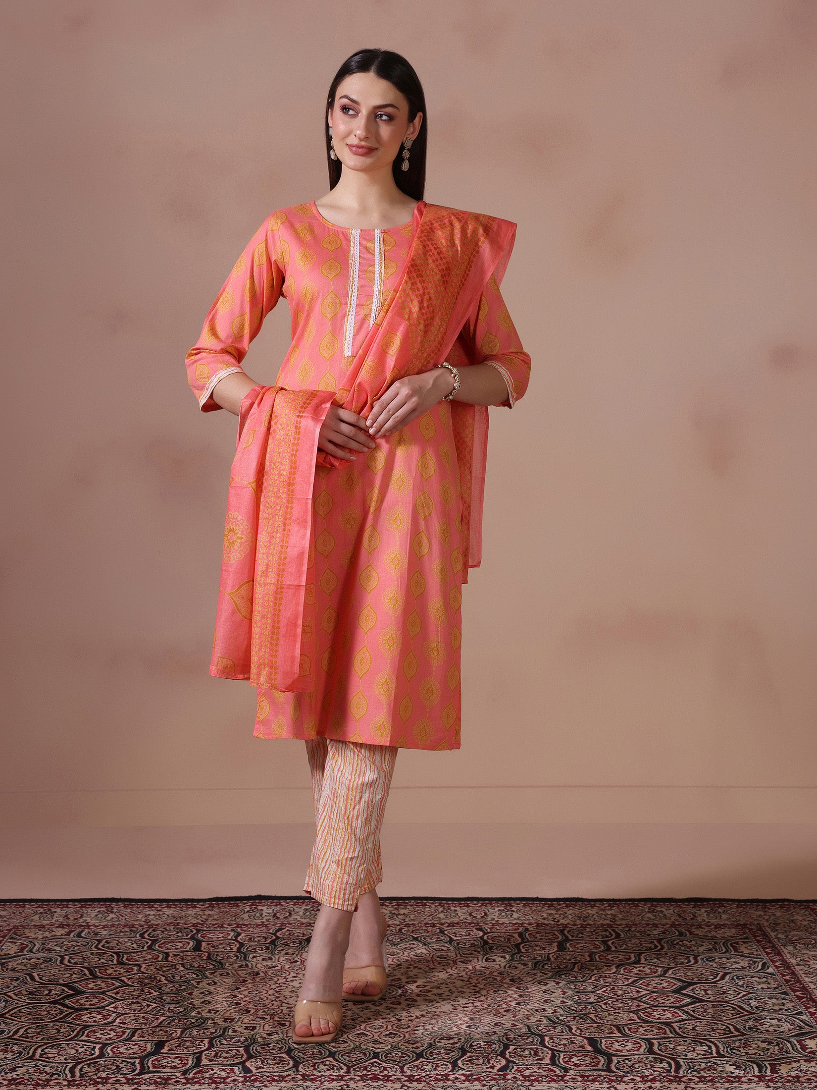 Women Cotton Pink Printed Kurta Trouser Dupatta