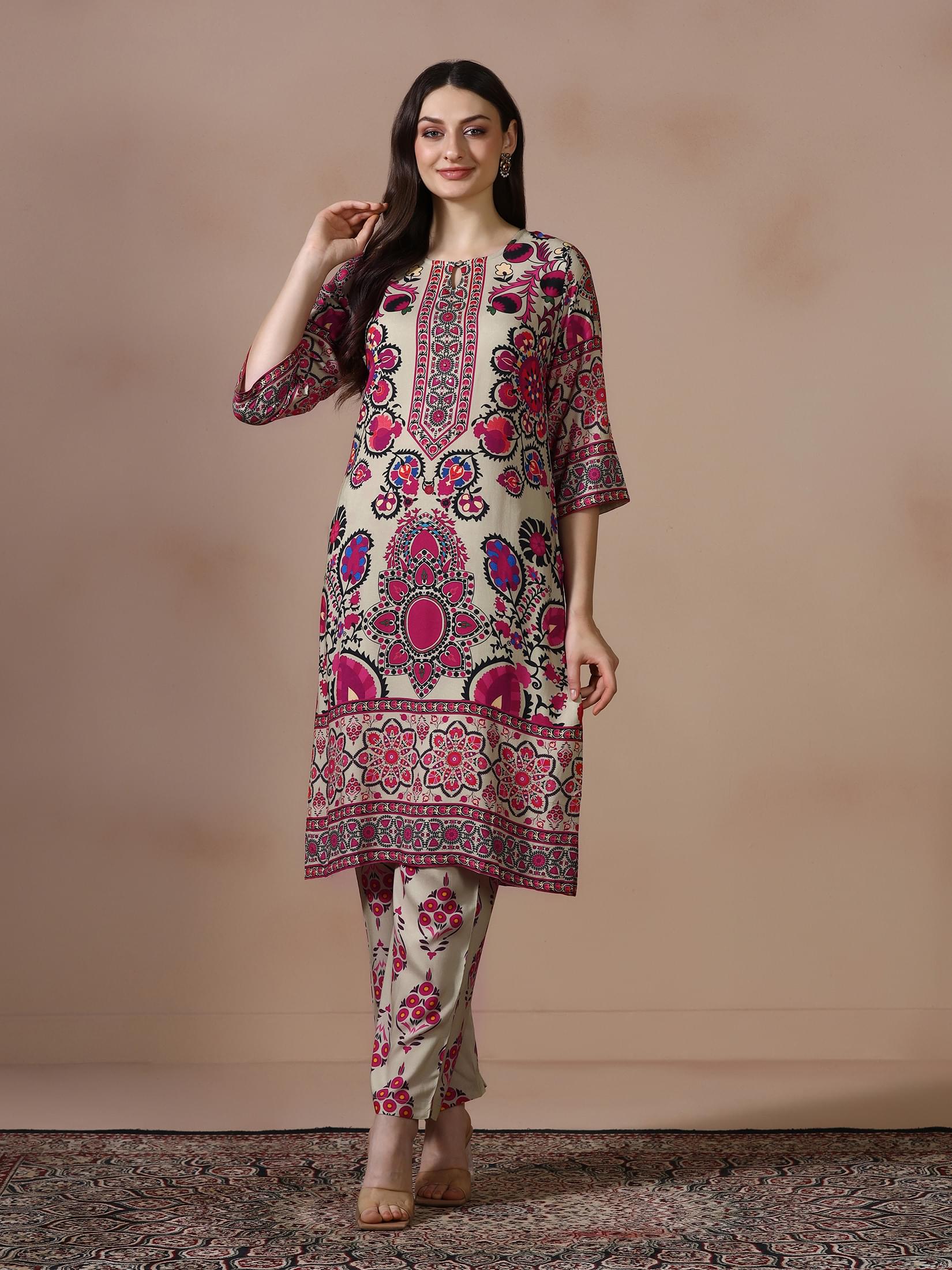 Women Liva Beige Printed Kurta With Comfort Pant.