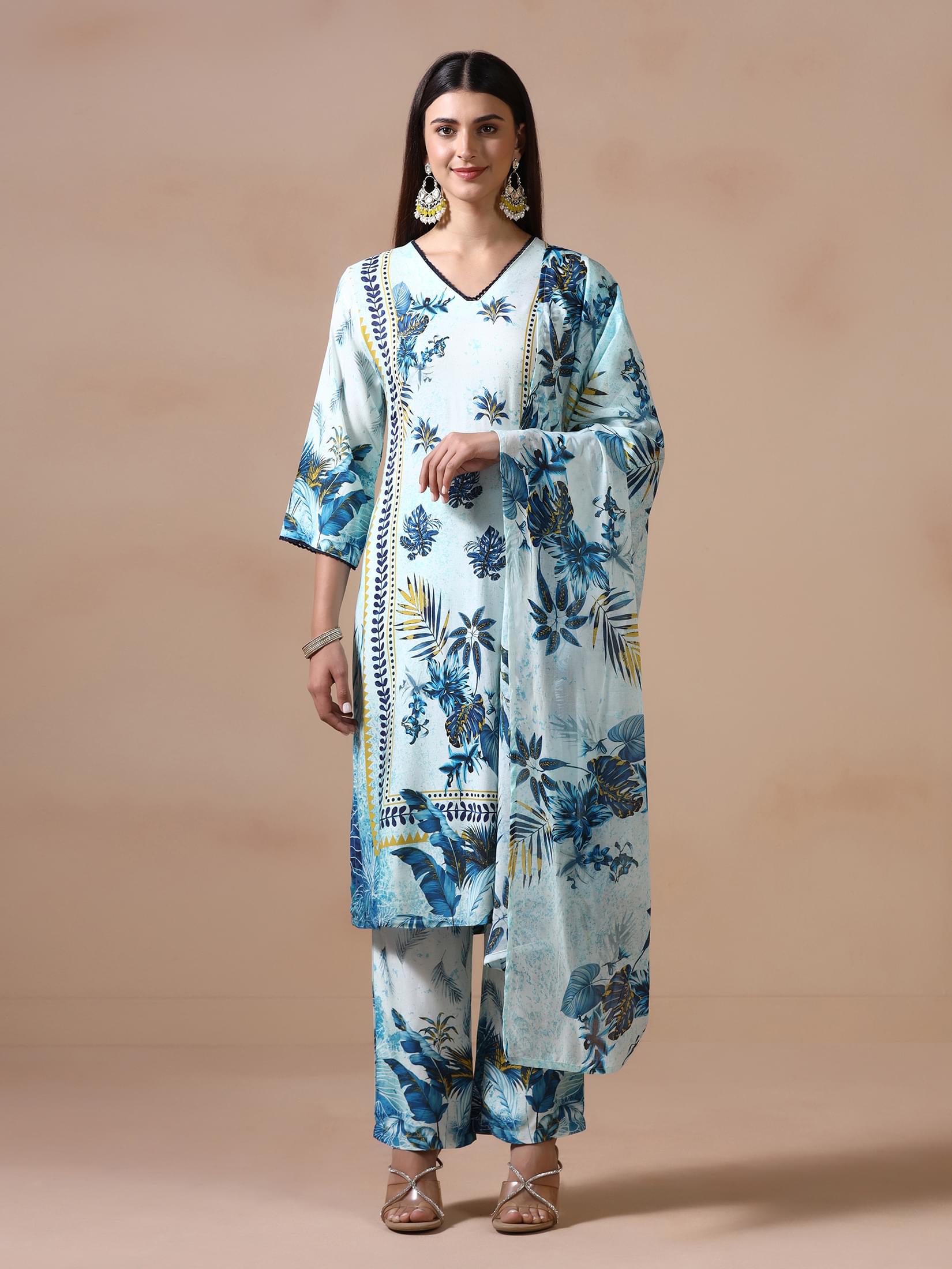 Women Liva Blue Printed Kurta Comfort Pant Dupatta.