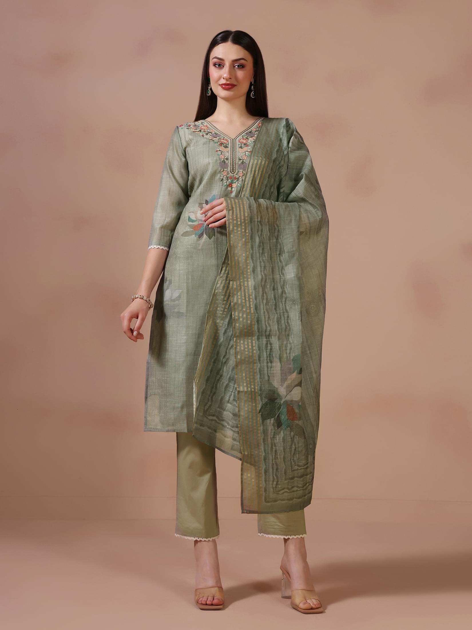 Women Linen Olive Embroidered Kurta Trouser Dupatta.