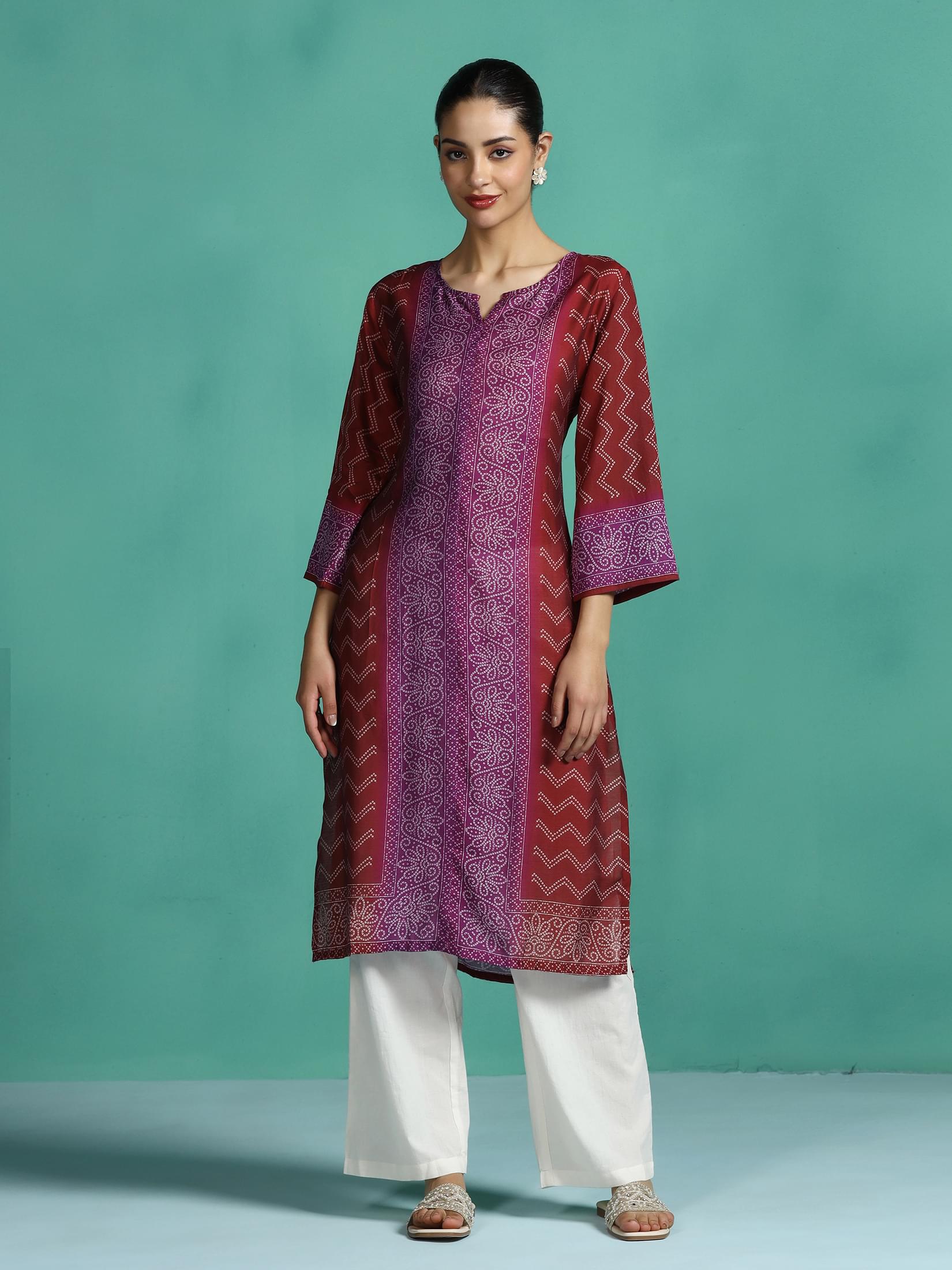 Women Chanderi Purple Printed Kurta.