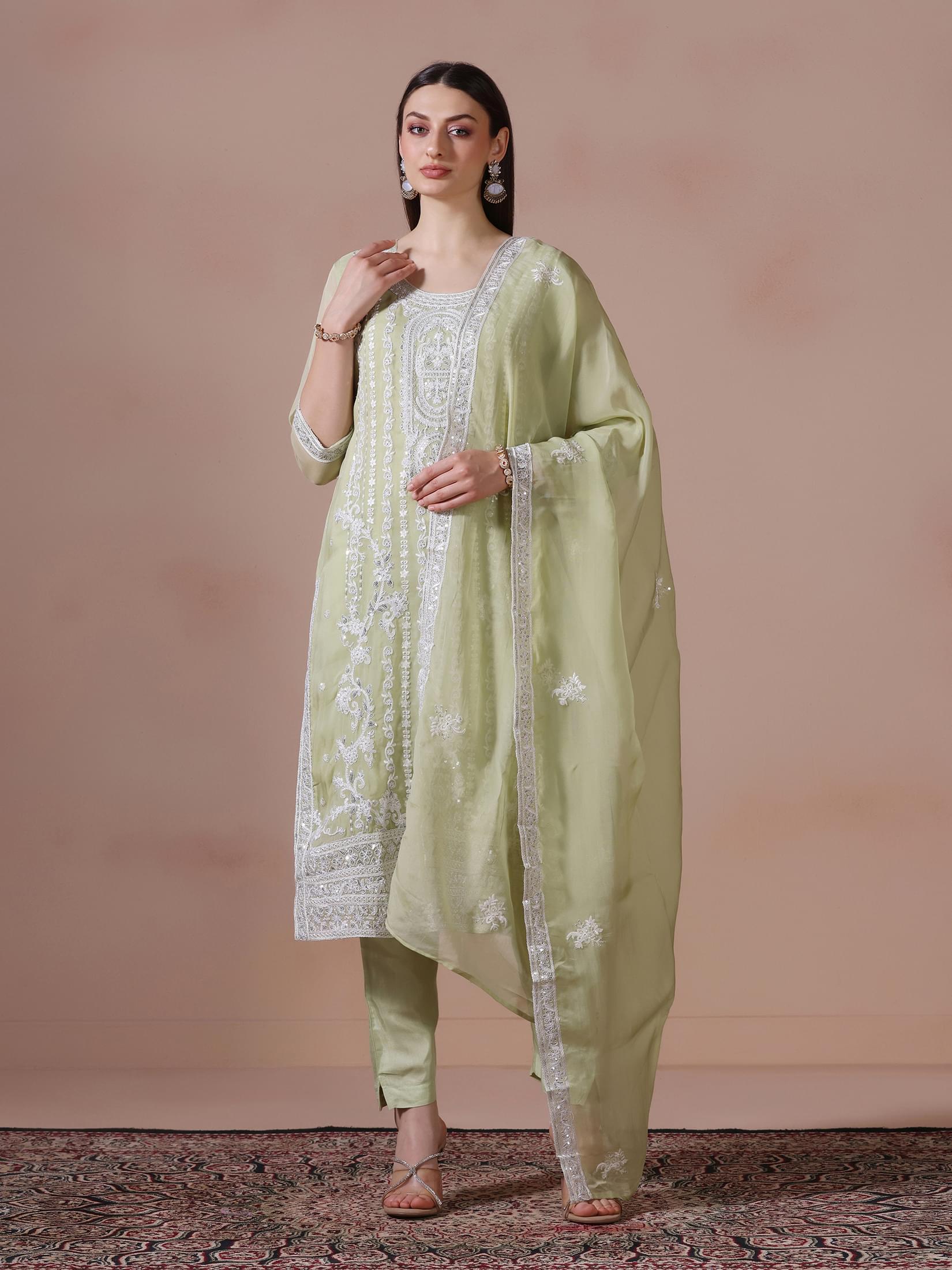 Women Viscose Organza Green Embroidered Kurta Comfort Pant Dupatta.