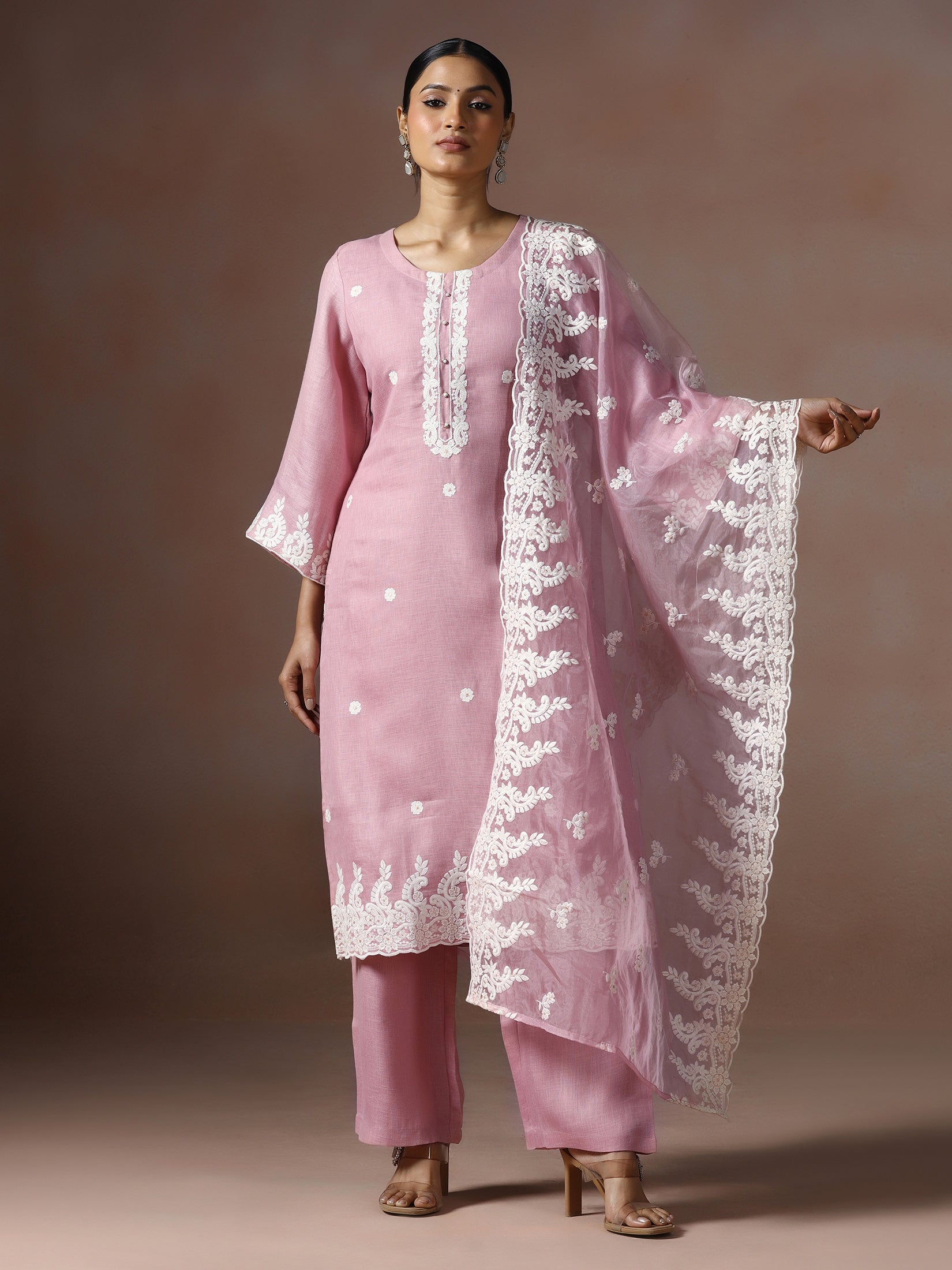Women Linen Pink Solid embroidered Kurta Comfort Pant Dupatta