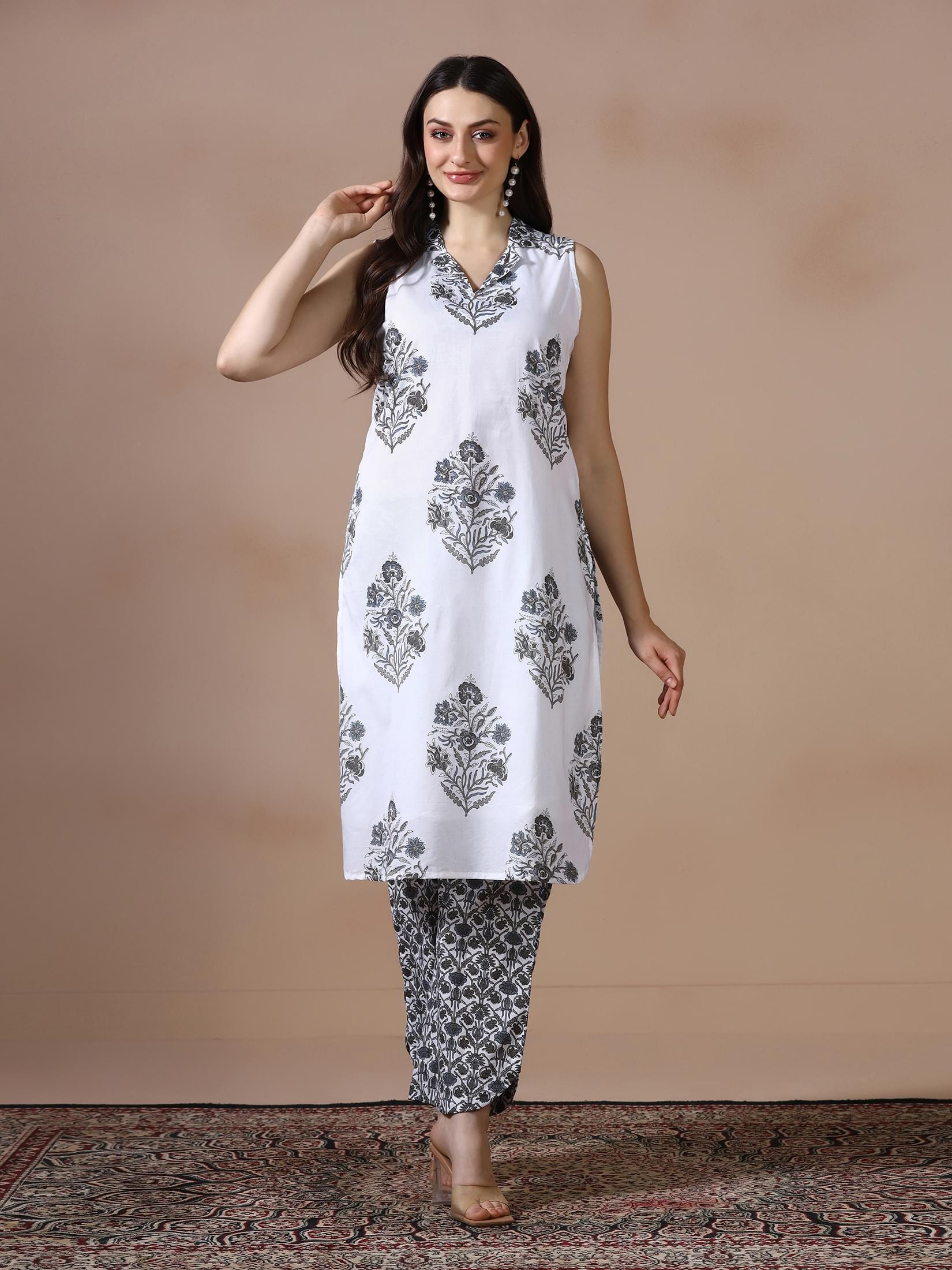 Women Cotton White Printed Kurta With Comfort Pant.