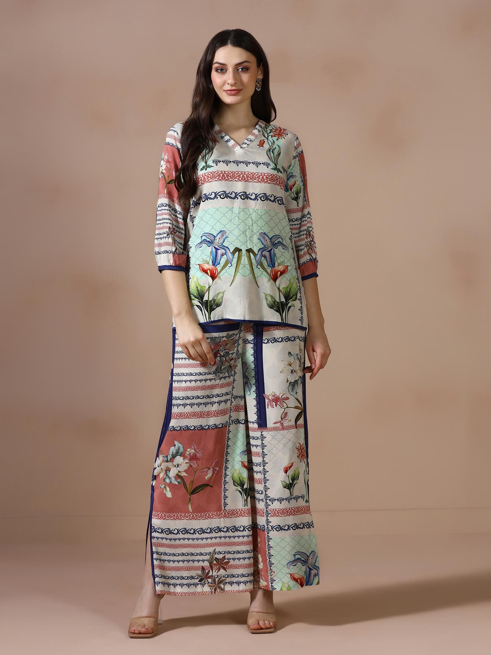 Women Liva Beige Printed Co Ord Set.