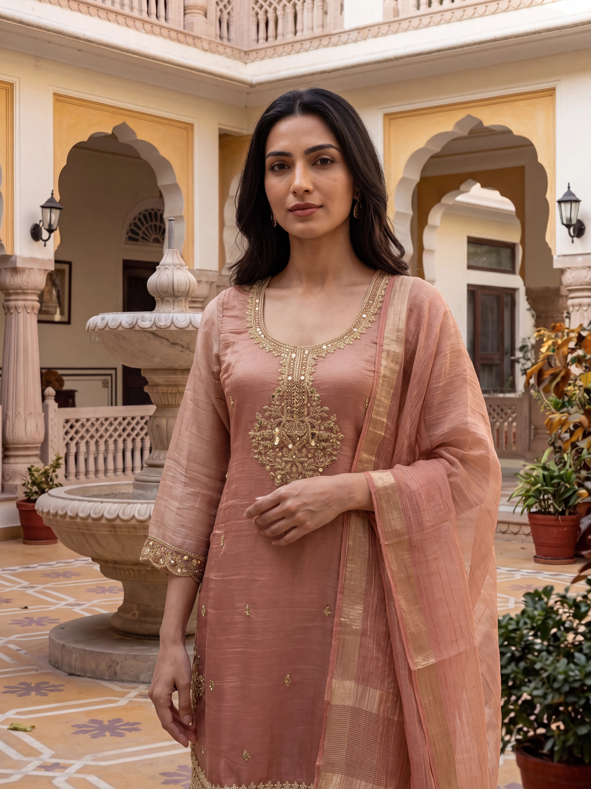 Women Peach Poly Viscose Tissue Floral Embrodery Kurta Palazzo Dupatta