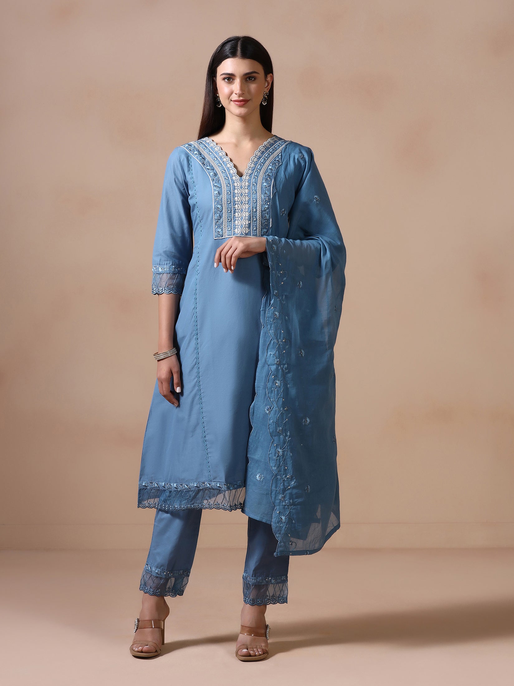 Women Cotton Blue Embroidered Kurta Comfort Pant Dupatta