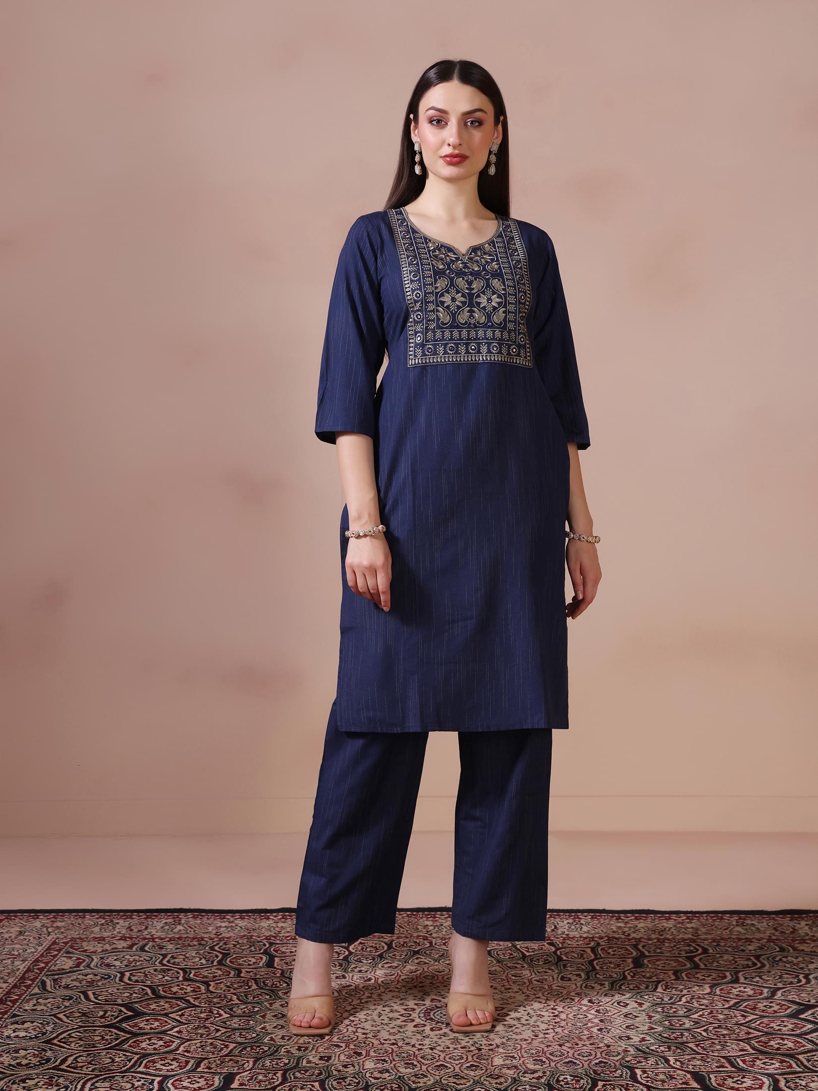 Women Poly Cotton Navy Blue Embroidered Kurta Comfort Pant Dupatta.