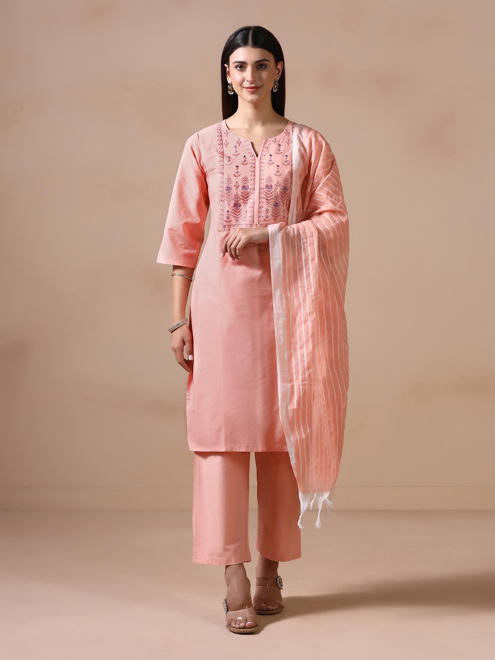 Women Poly Cotton Peach Embroidered Kurta Comfort Pant Dupatta.