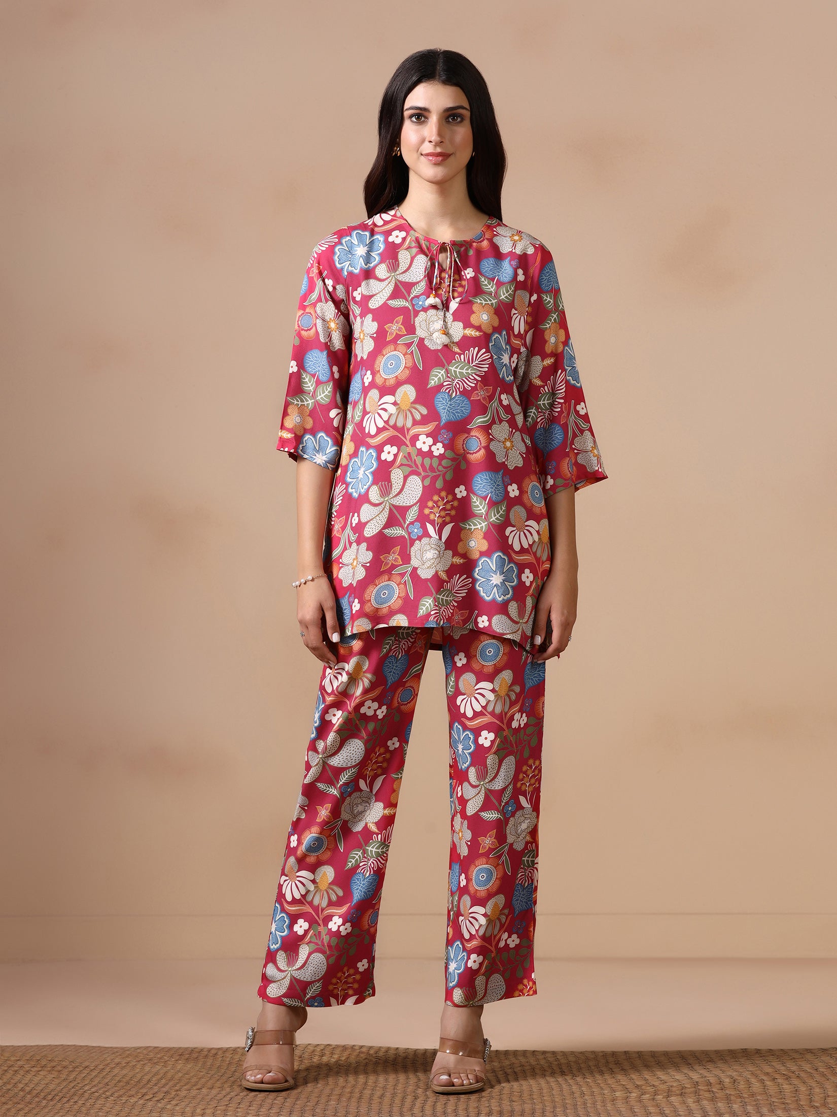 Women Liva Pink Floral Print Co Ord Set