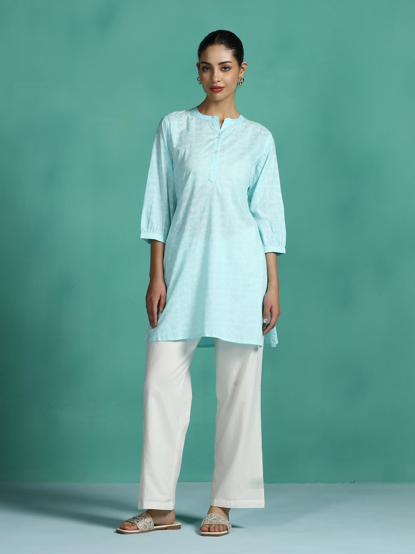 Women Cotton Aqua Stripe Print Tunic.