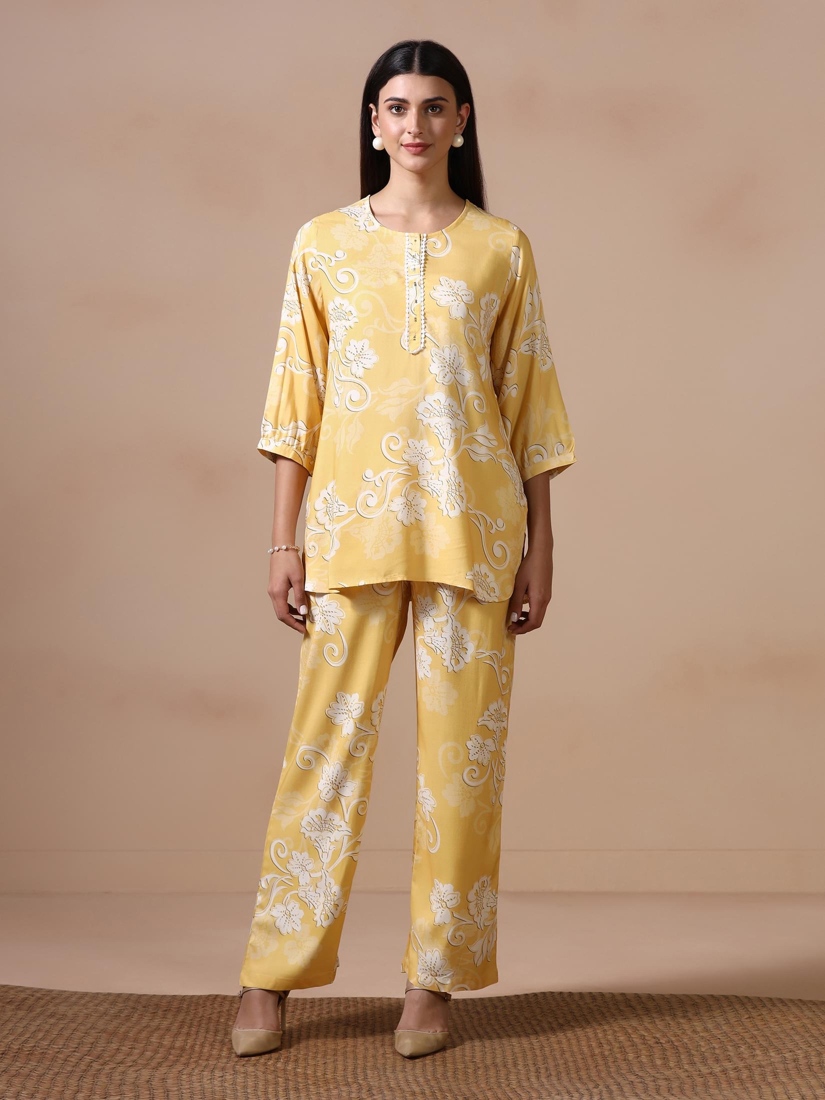 Women Liva Yellow Floral Print Co Ord Set.