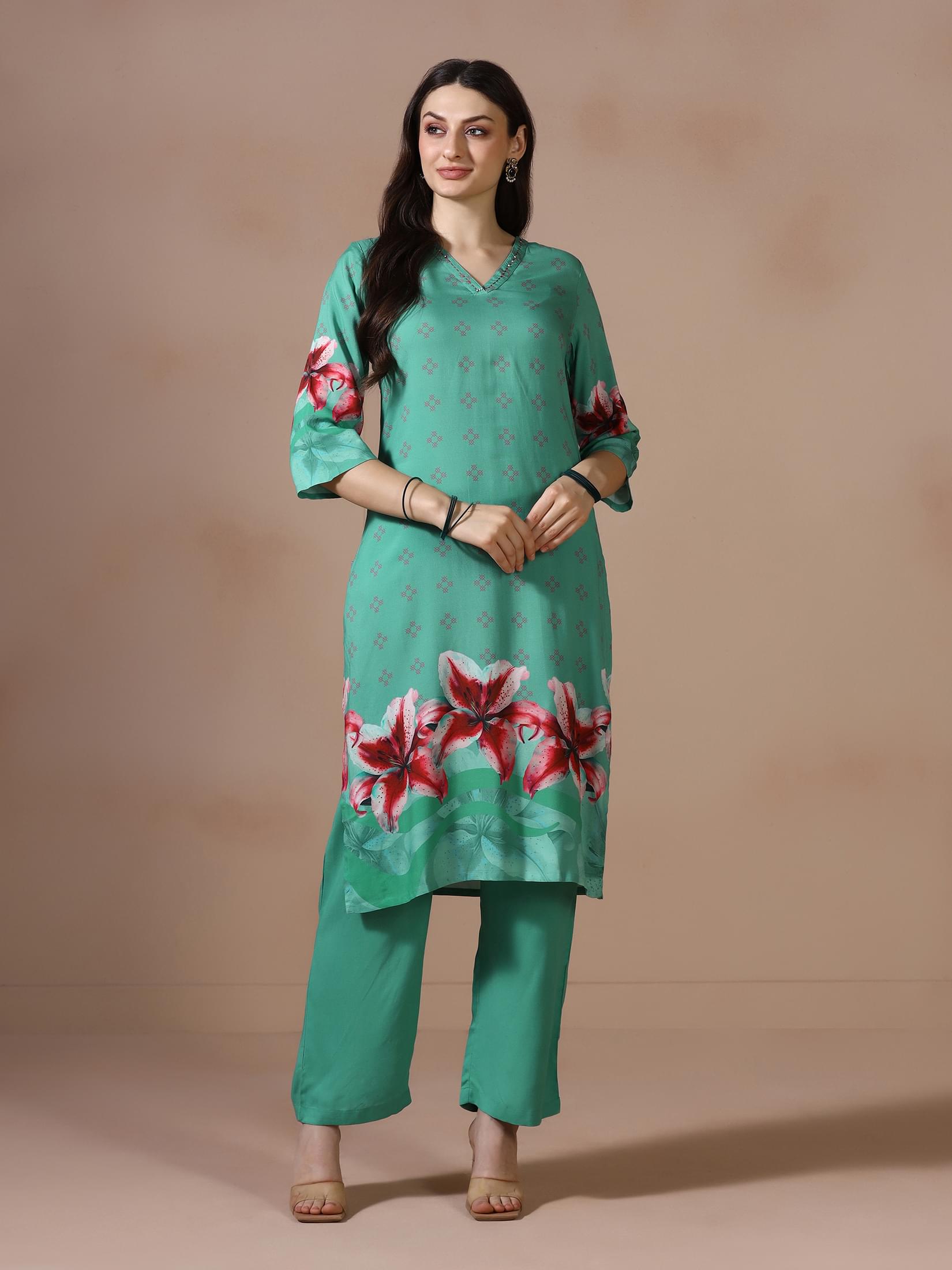 Green Liva Printed Co Ord Set.