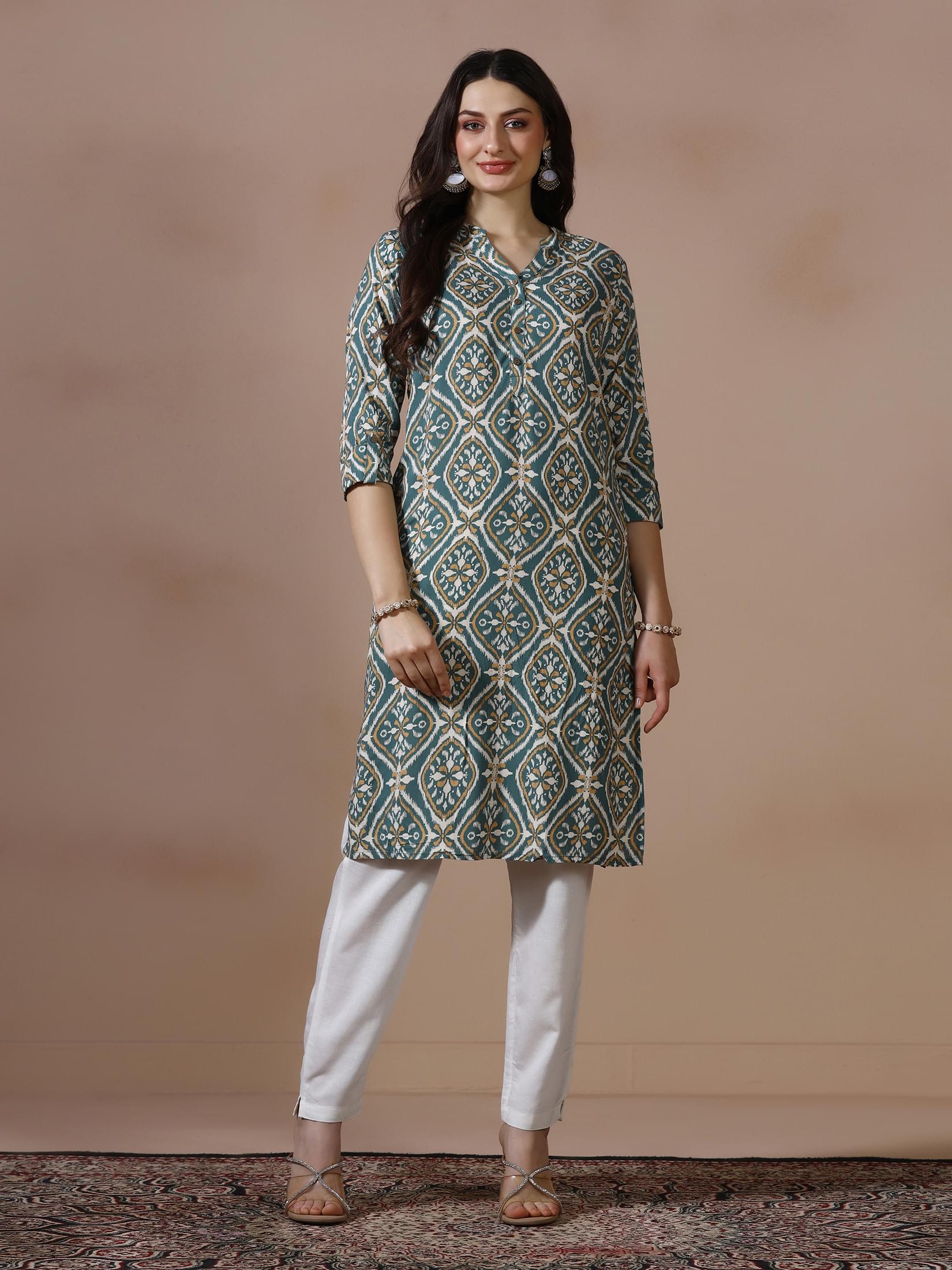 Women Liva Teal Printed Kurta.