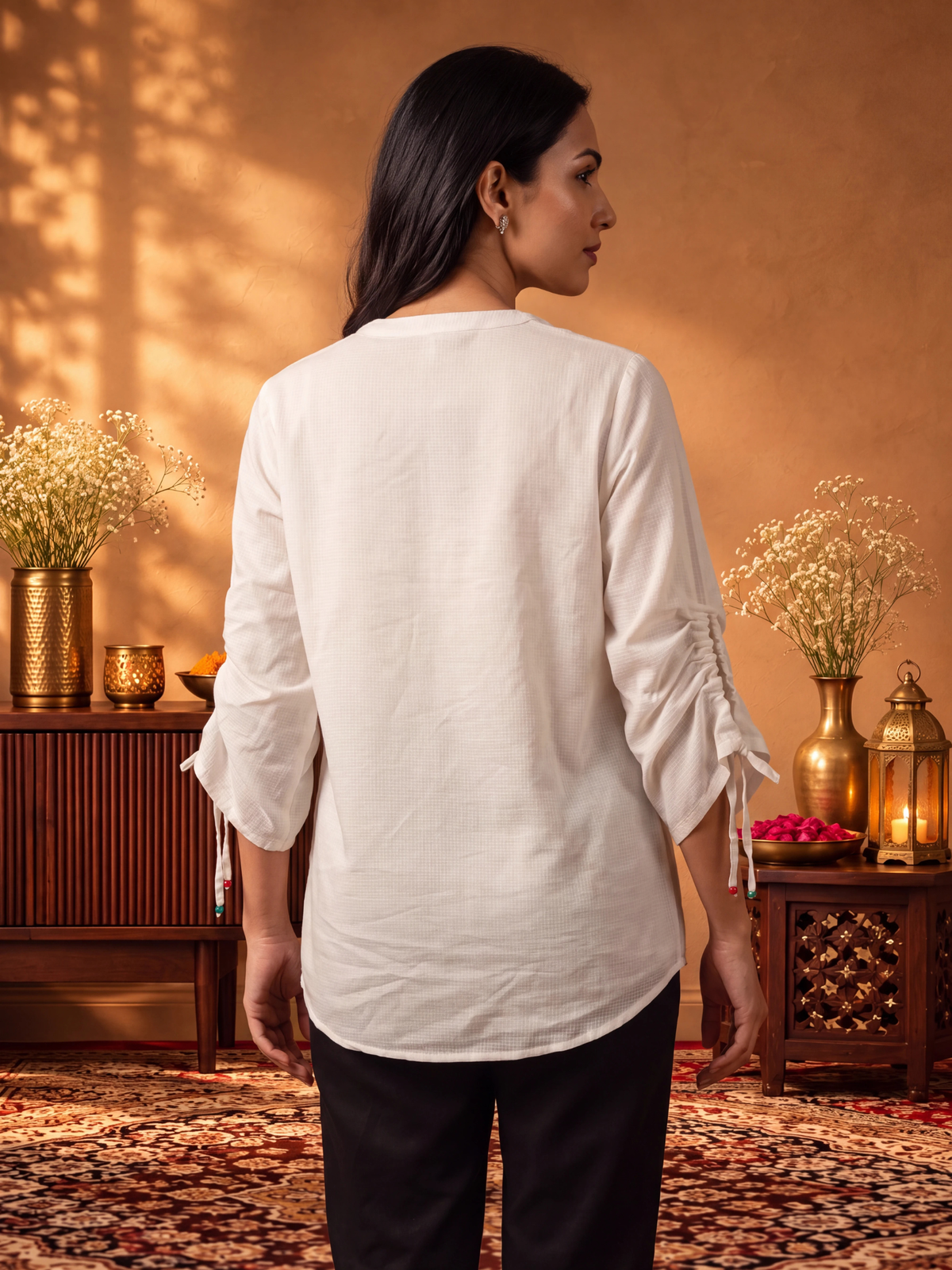 Women Off White Cotton Dobby Solid Top