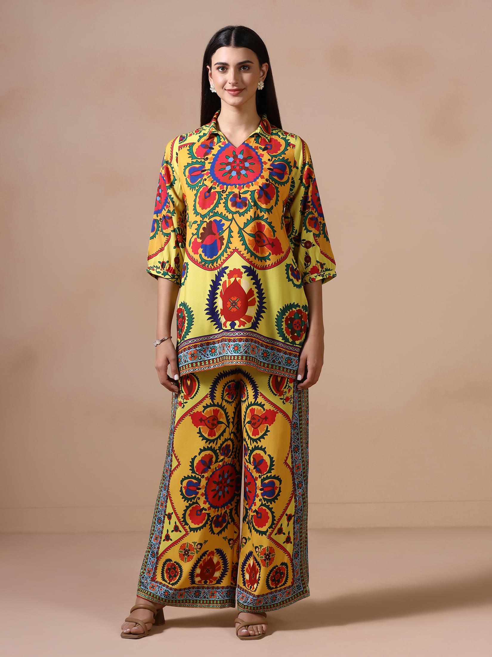 Women Liva Yellow Printed Co Ord Set.