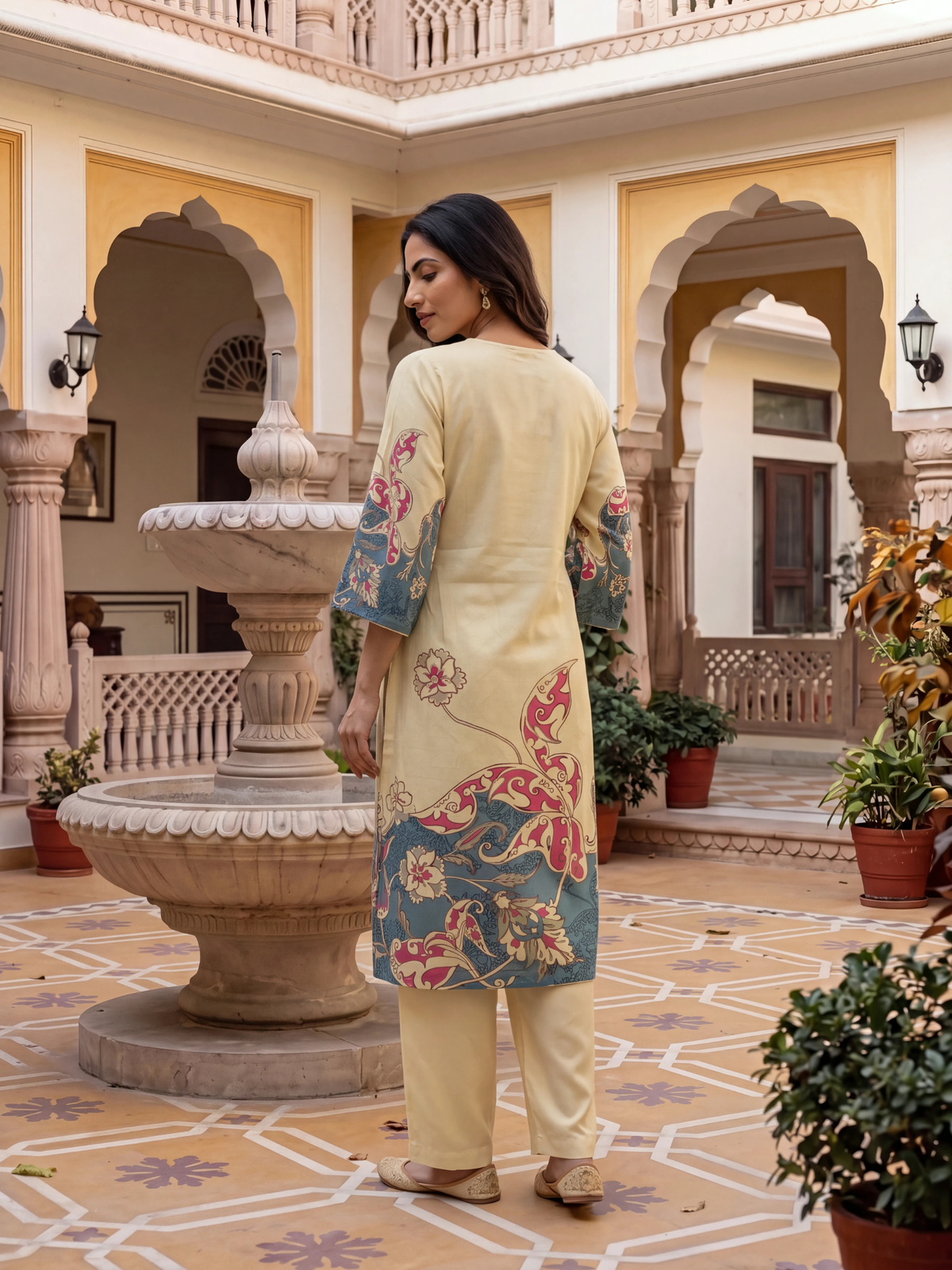 Women Beige Multi Rayon Floral Kurta Comfort Pant Dupatta