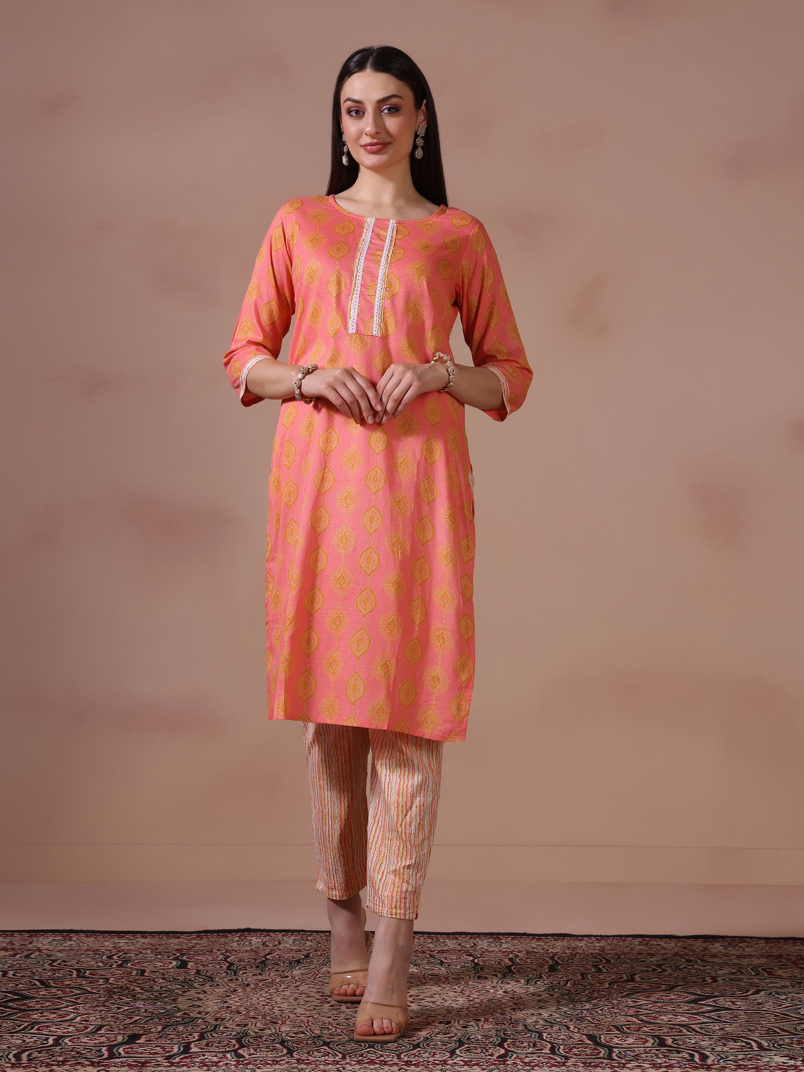Women Cotton Pink Printed Kurta Trouser Dupatta
