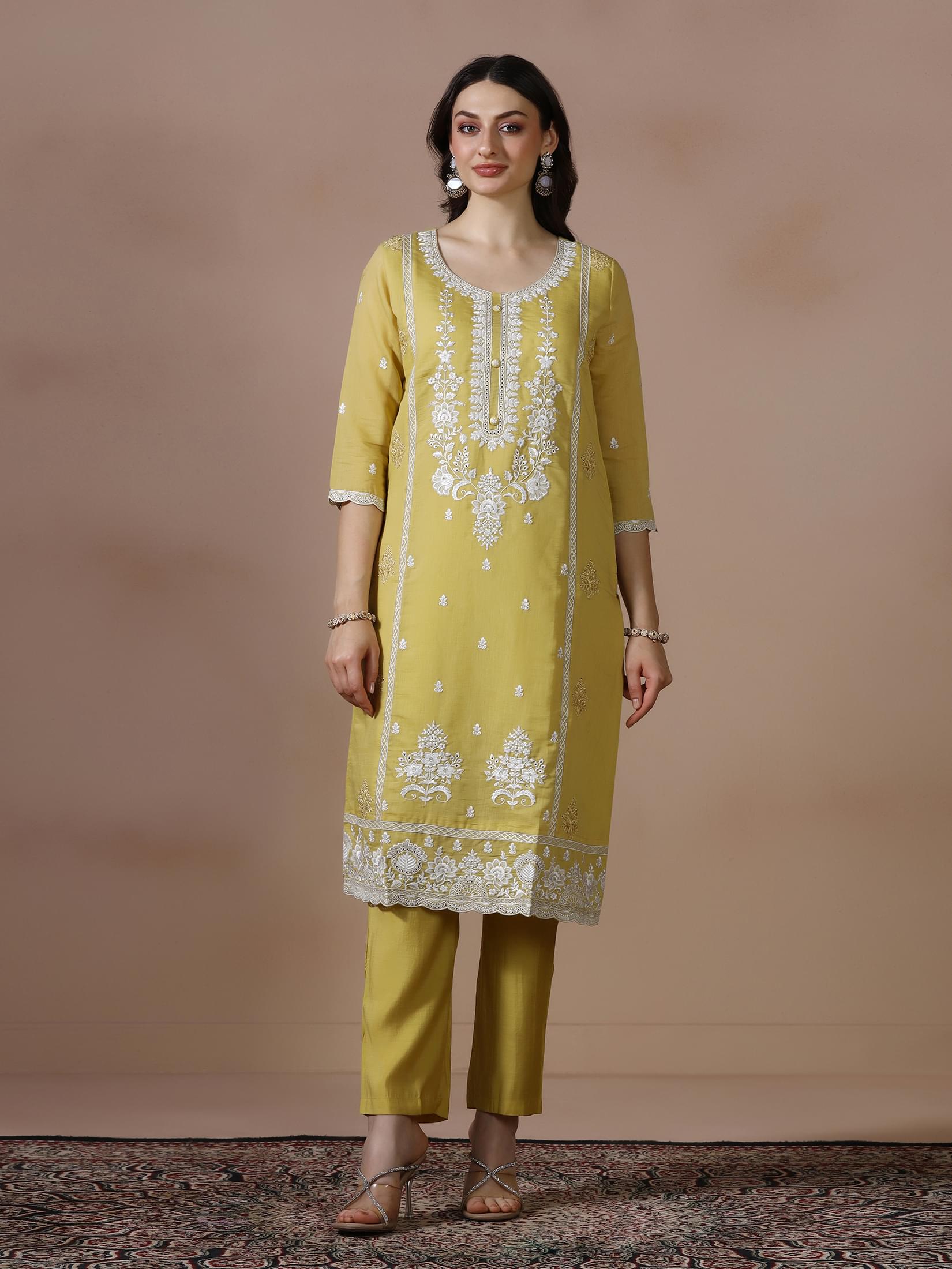 Women Mul Chanderi Mustard Embroidered Kurta Comfort Pant Dupatta.