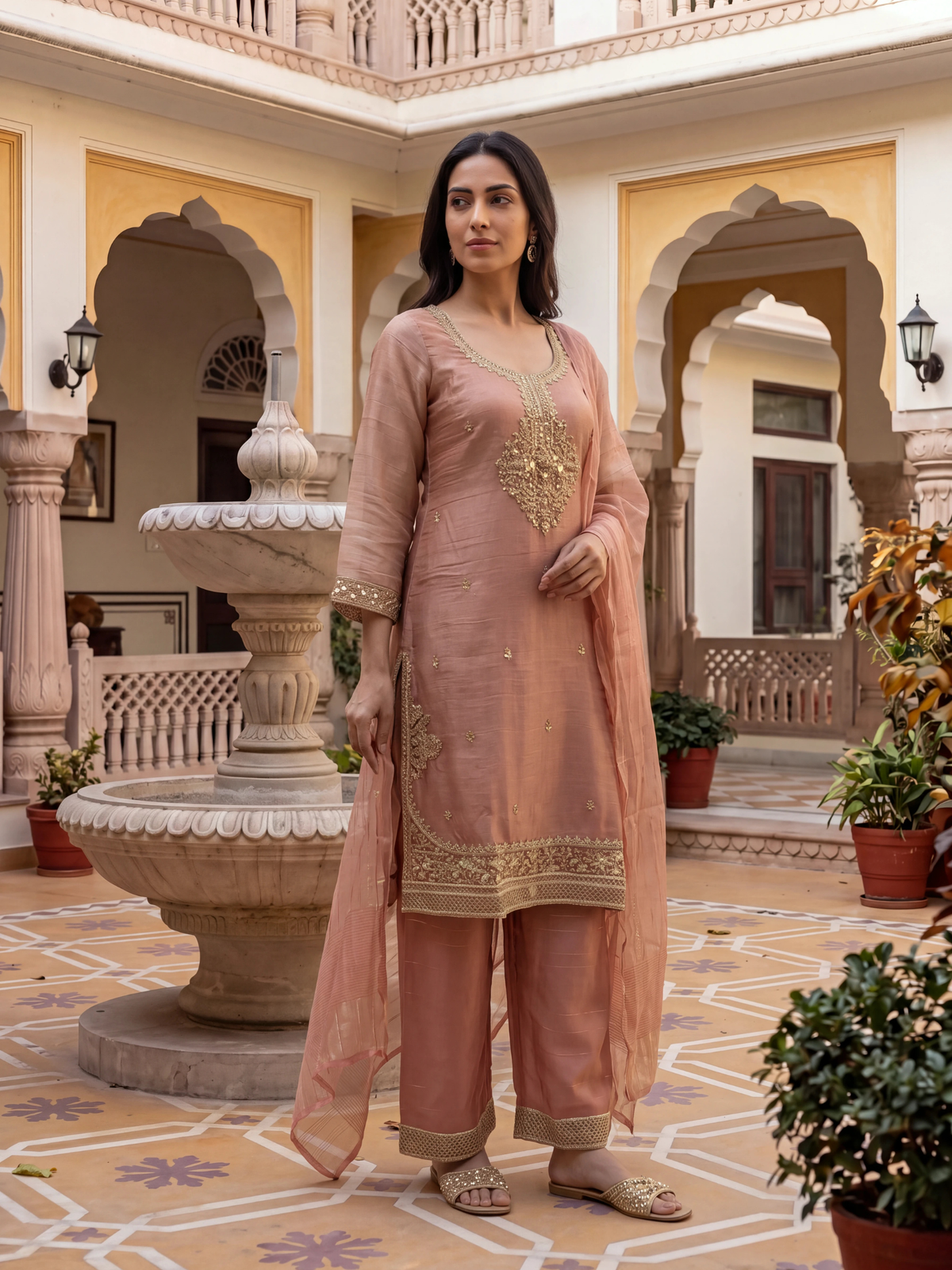 Women Peach Poly Viscose Tissue Floral Embrodery Kurta Palazzo Dupatta