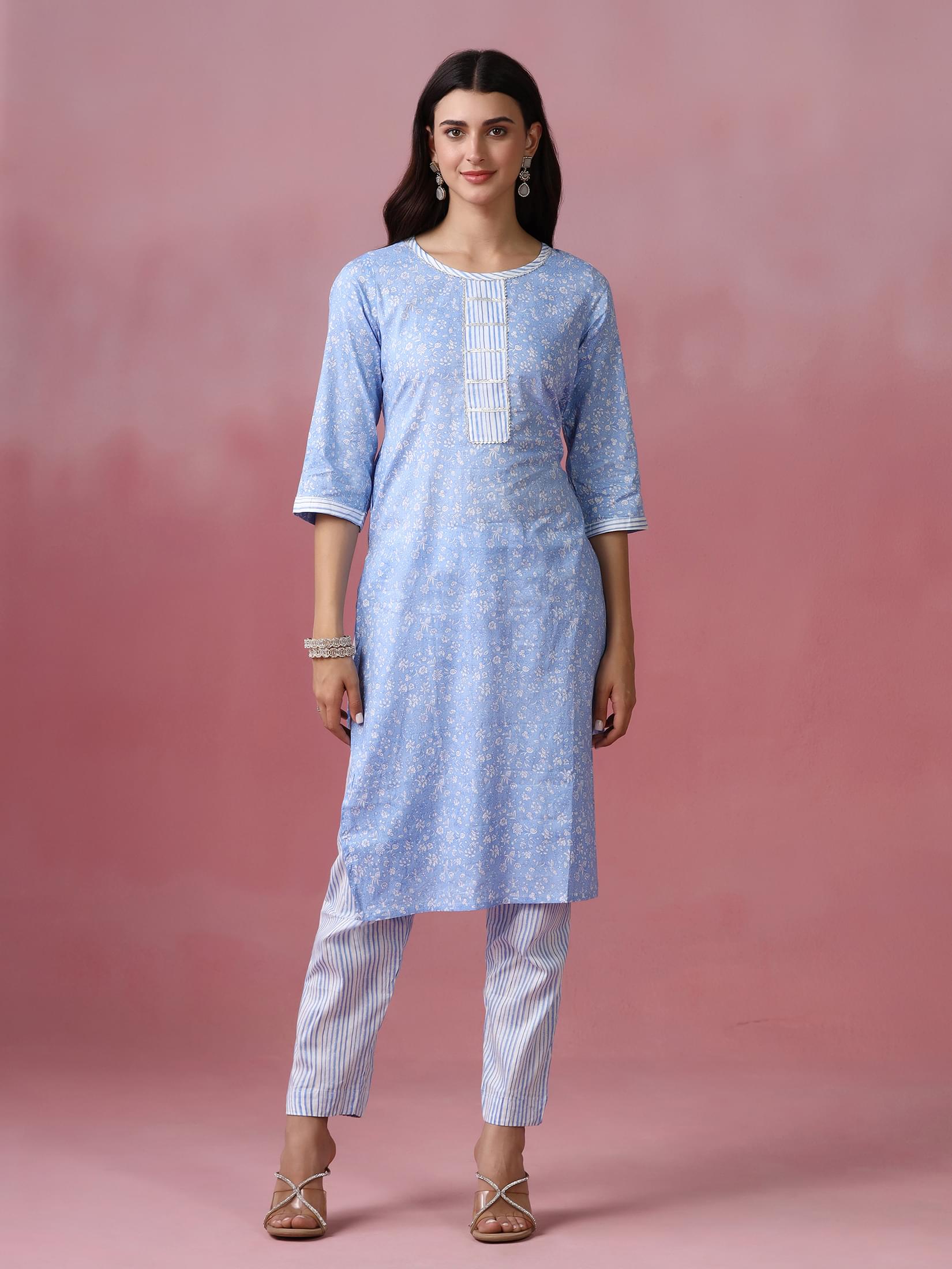 Women Cotton Blue Printed Kurta Trouser Dupatta.