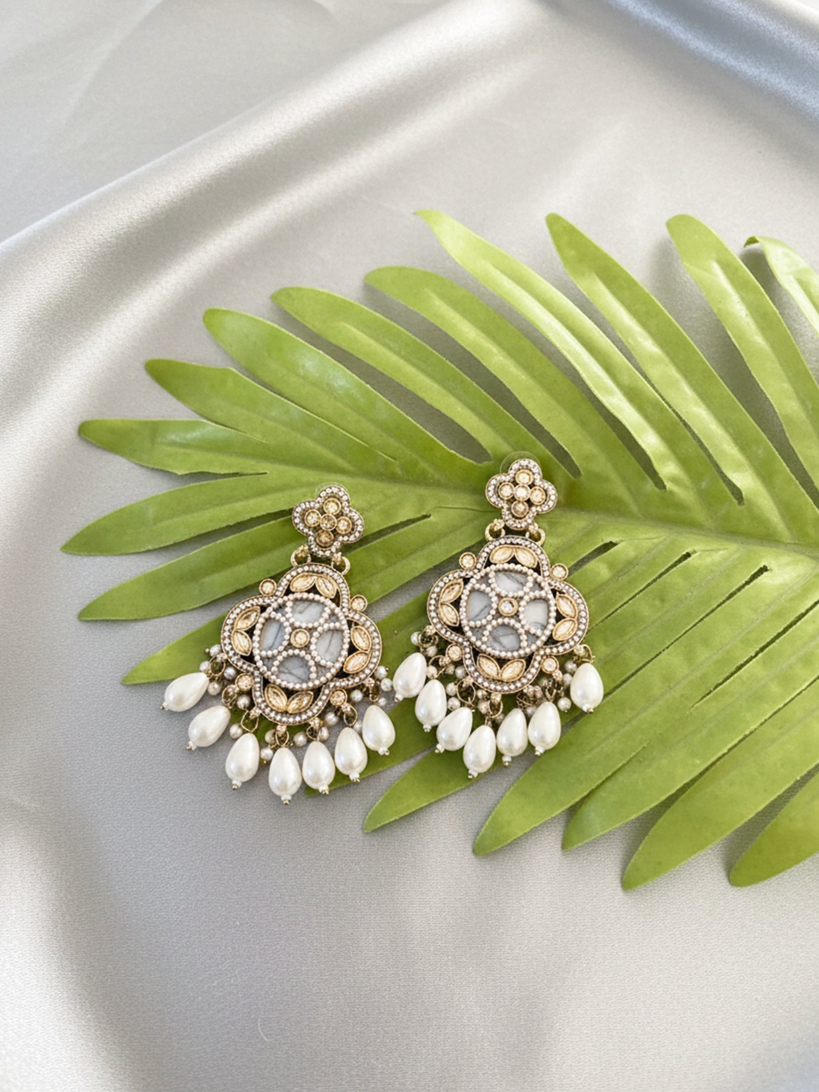 Grey & Pearl Floral Drop Earrings