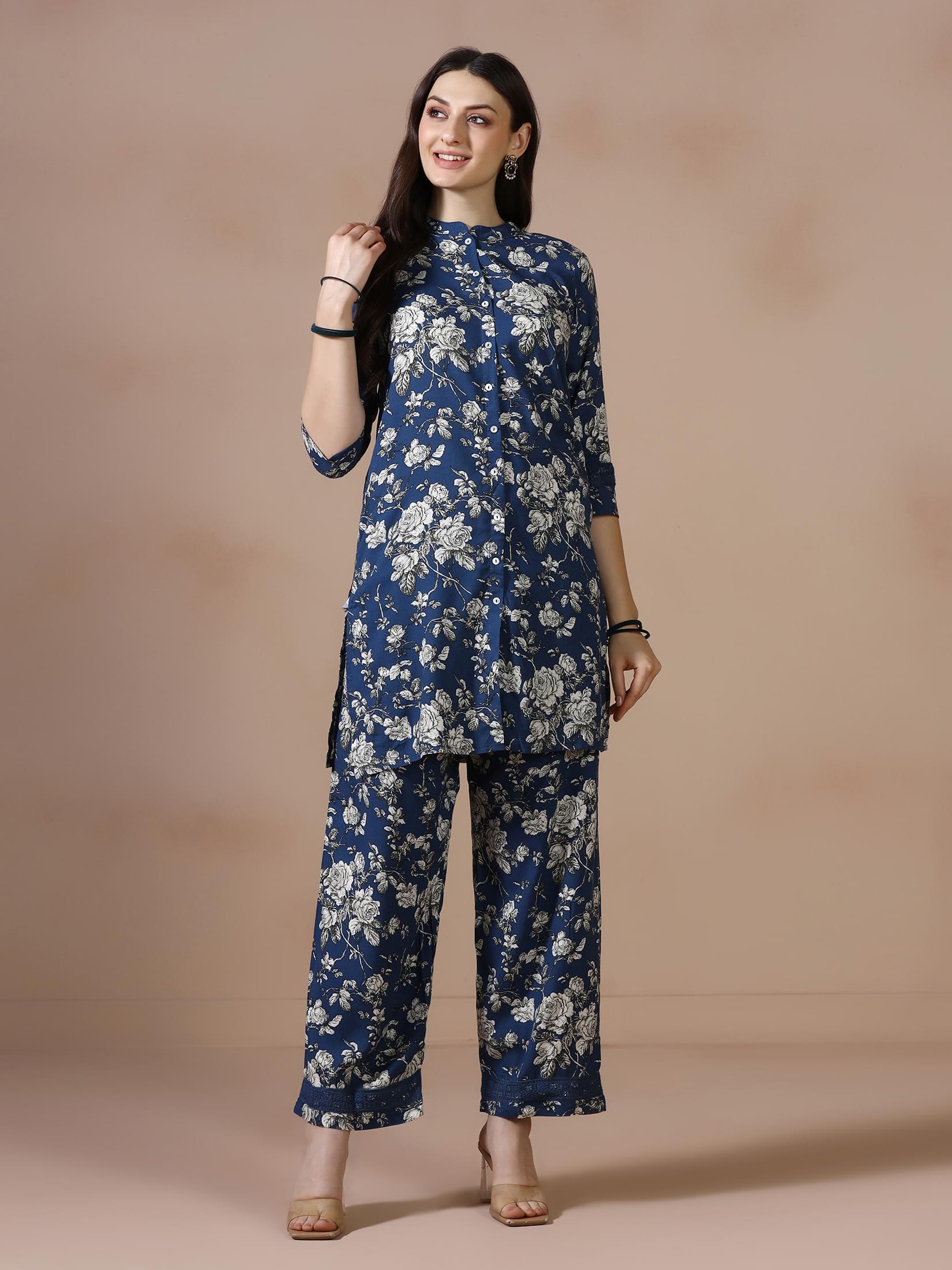 Women Liva Indigo Printed Co Ord Set.