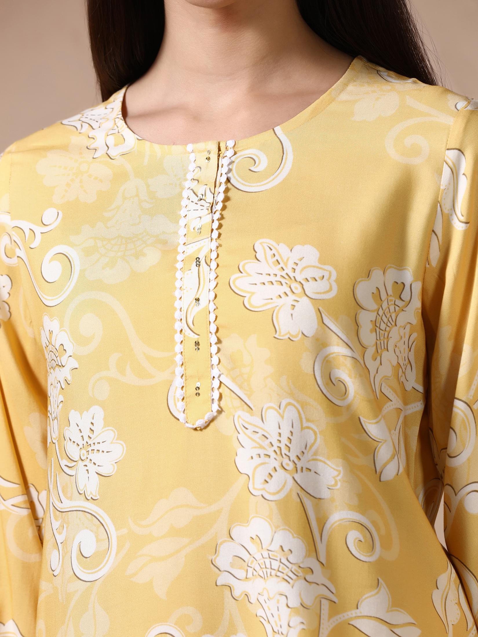 Women Liva Yellow Floral Print Co Ord Set.