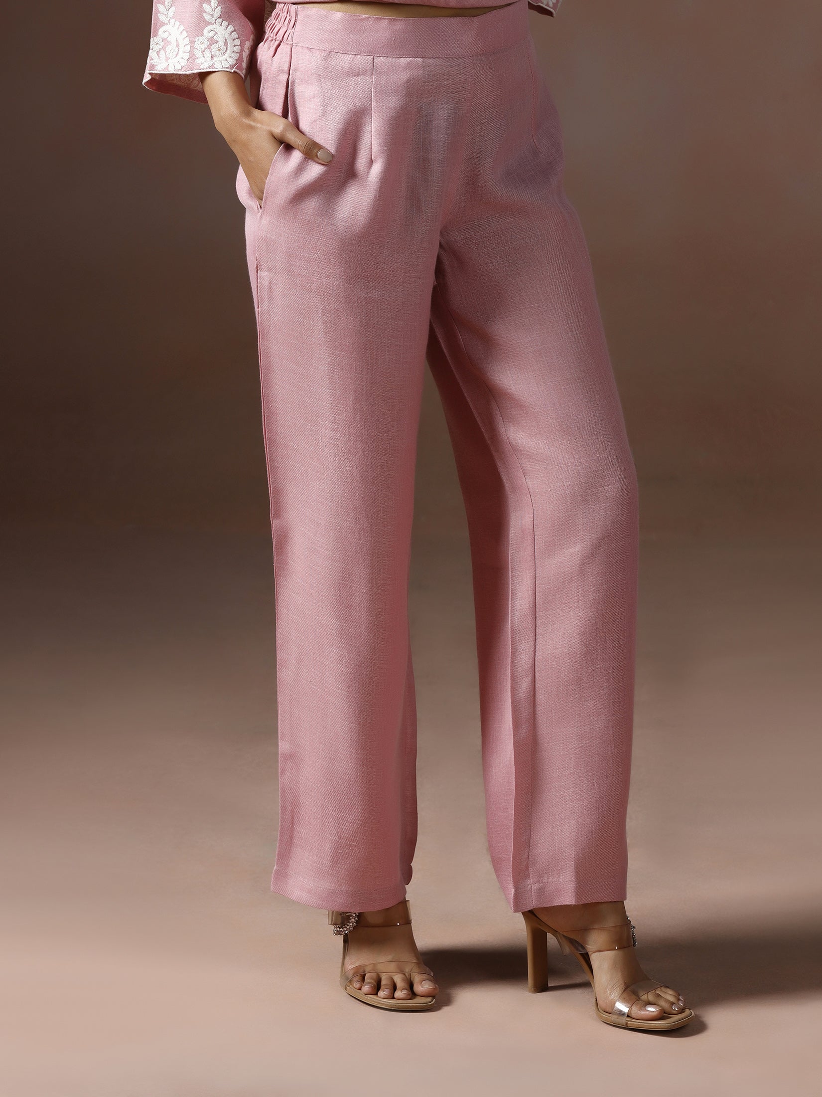 Women Linen Pink Solid embroidered Kurta Comfort Pant Dupatta