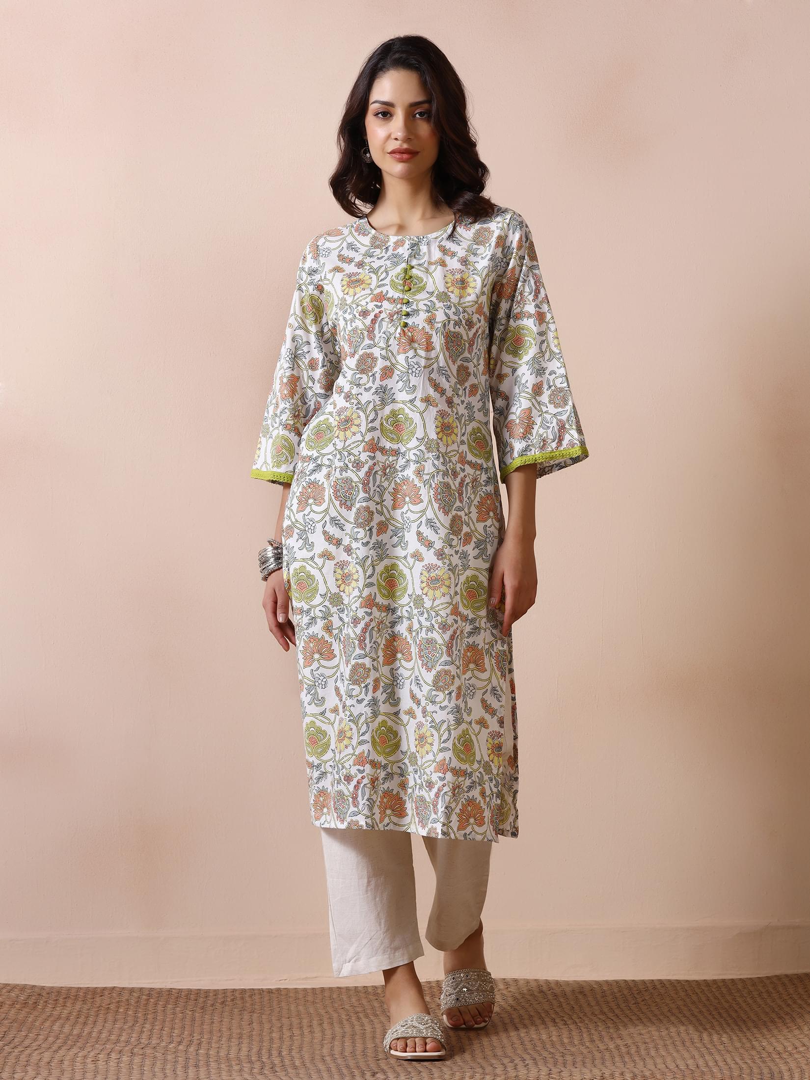 Women Off White Cotton Printed Kurta.