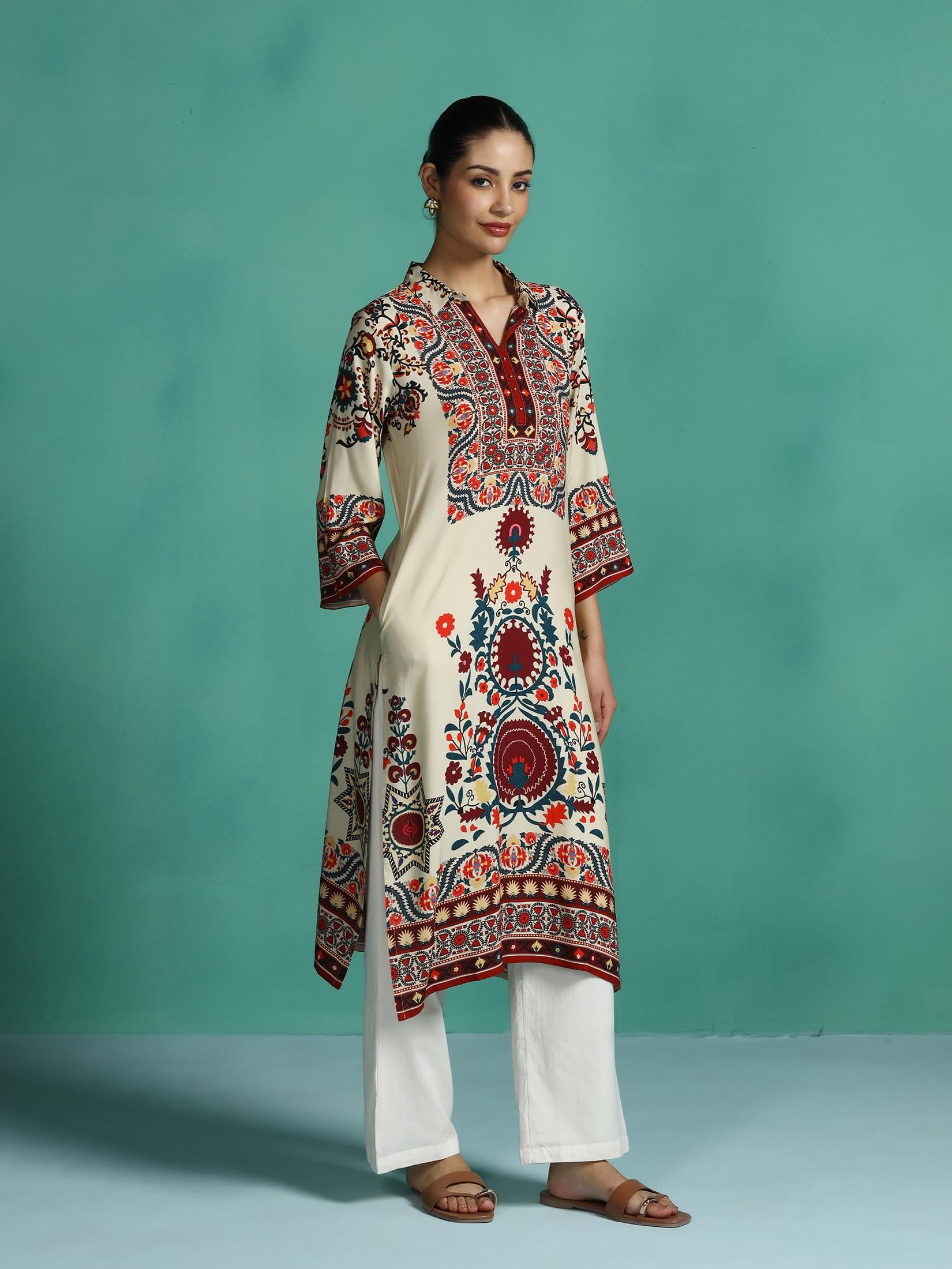 Women Liva Beige Printed Kurta.