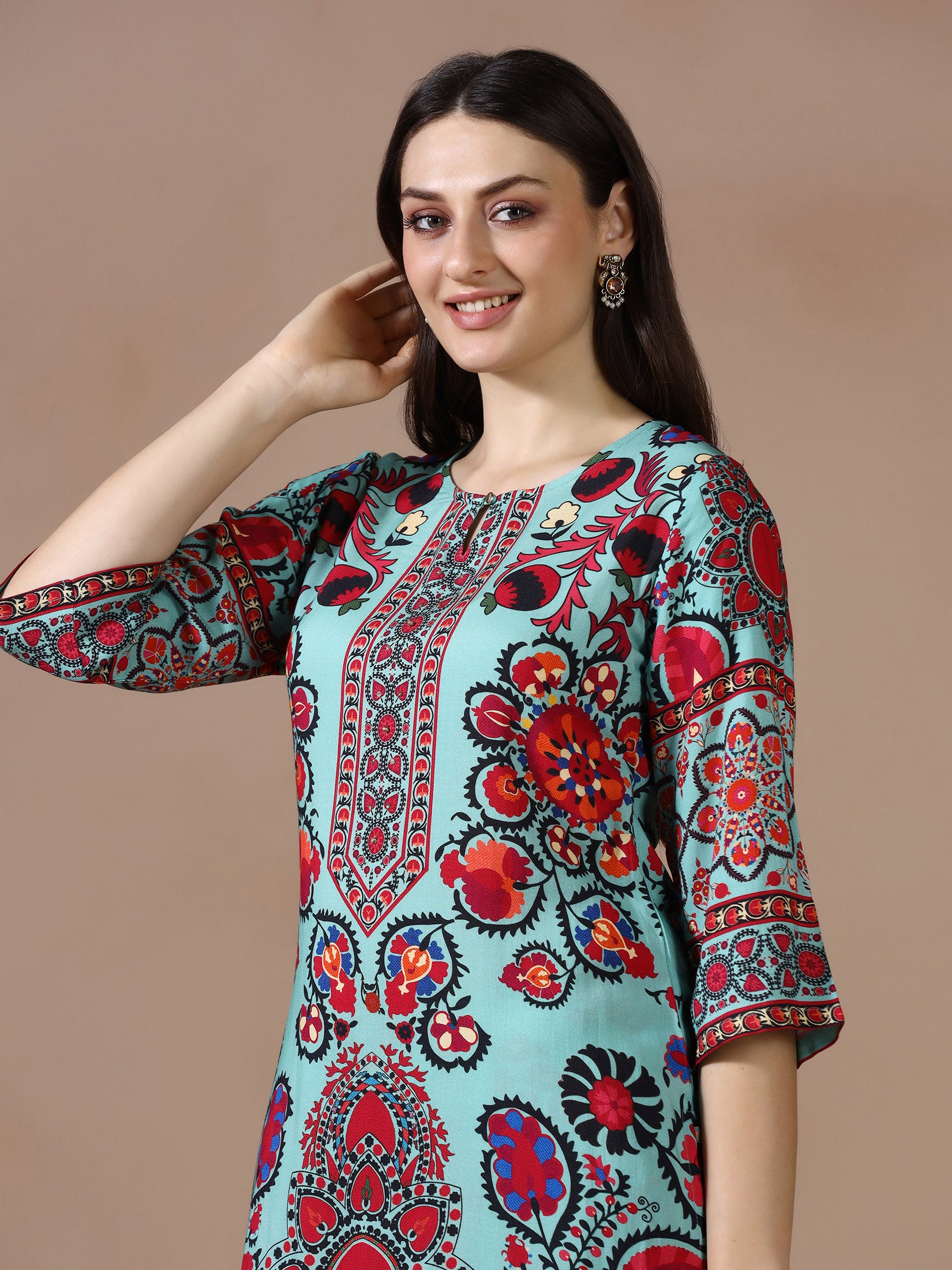 Women Liva Green Printed Kurta With Comfort Pant