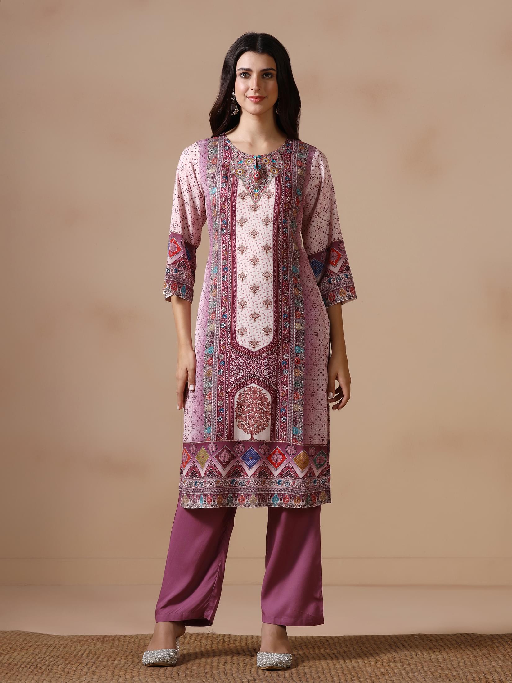 Women Liva Wine Multicolor Printed Kurta Comfort Pant Dupatta.