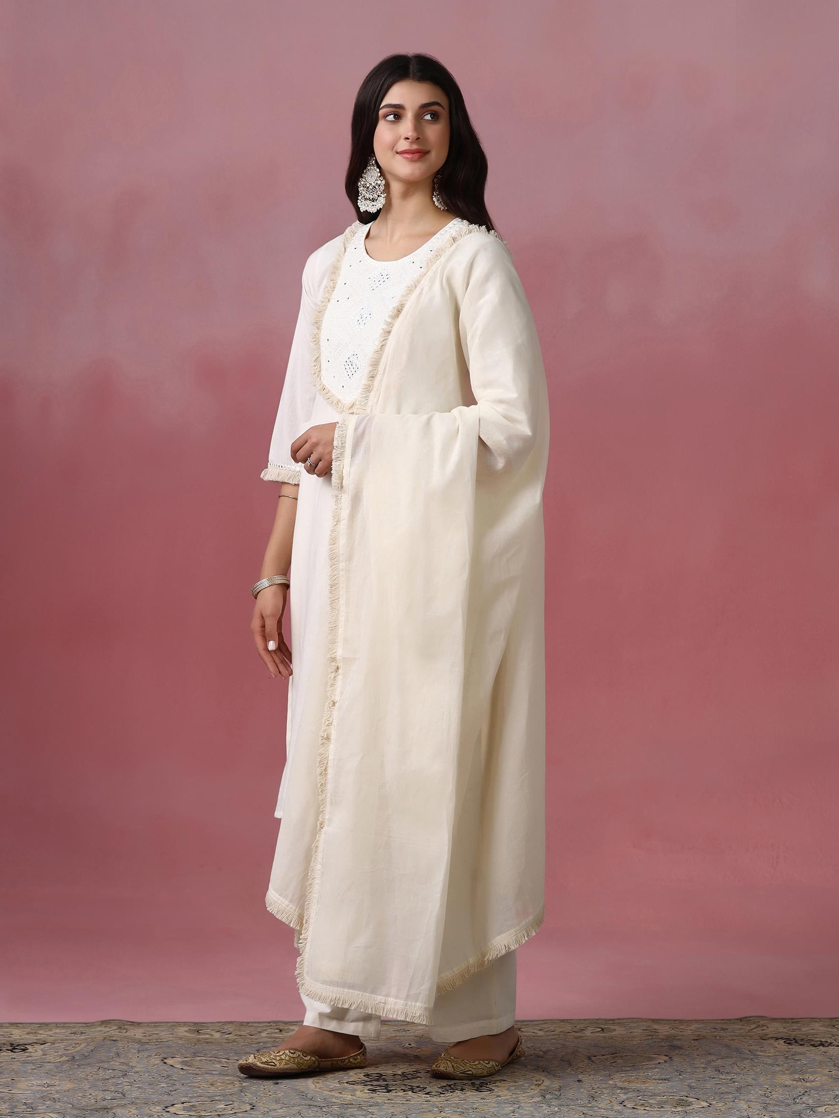 Women Cotton Off White Solid Embroidered Kurta Comfort Pant Dupatta.