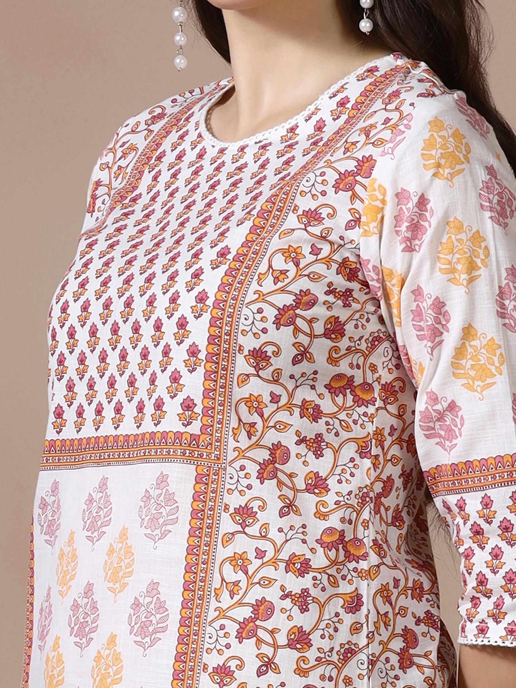 Women Cotton Slub White Pink Printed Kurta.