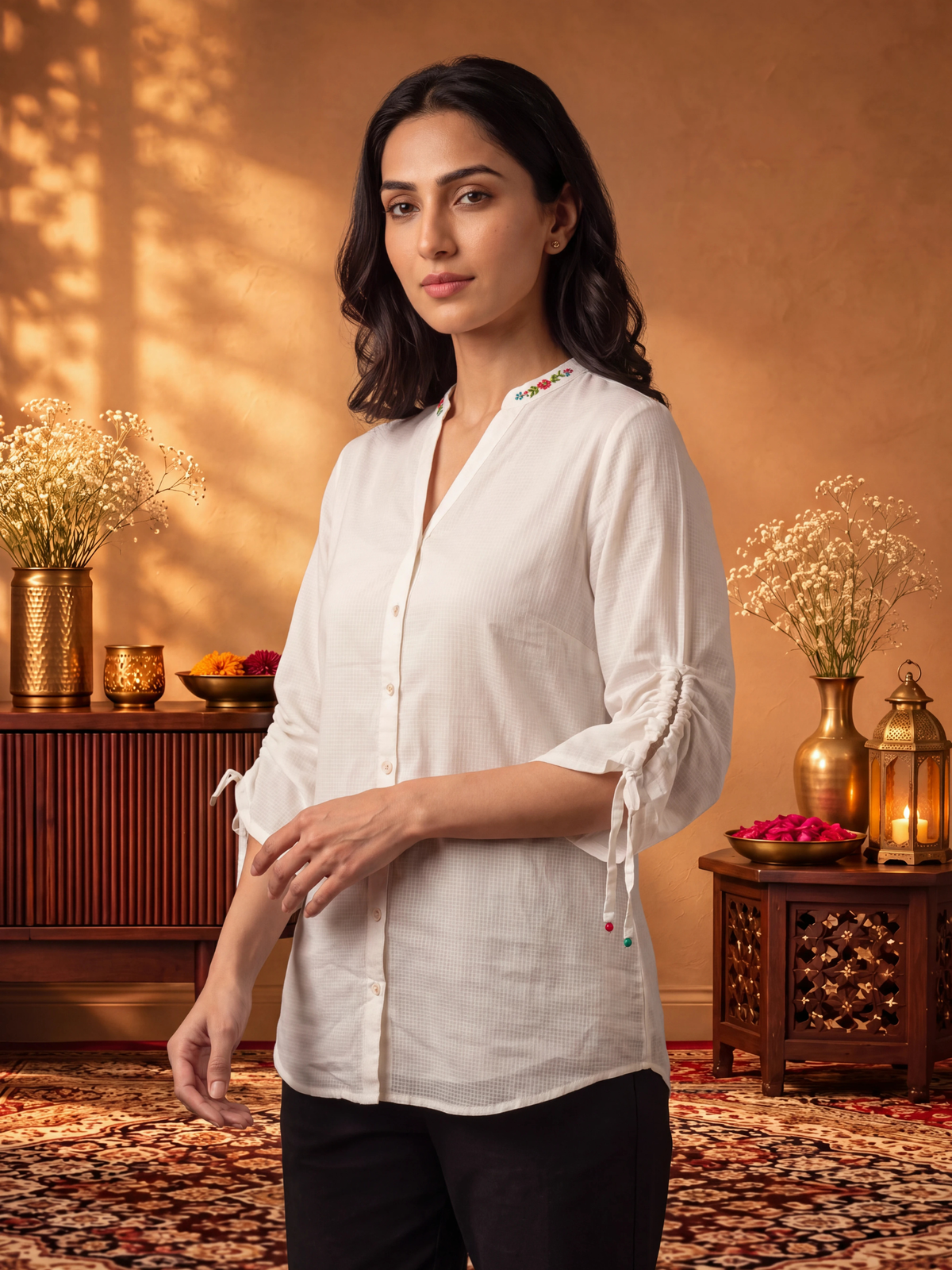 Women Off White Cotton Dobby Solid Top