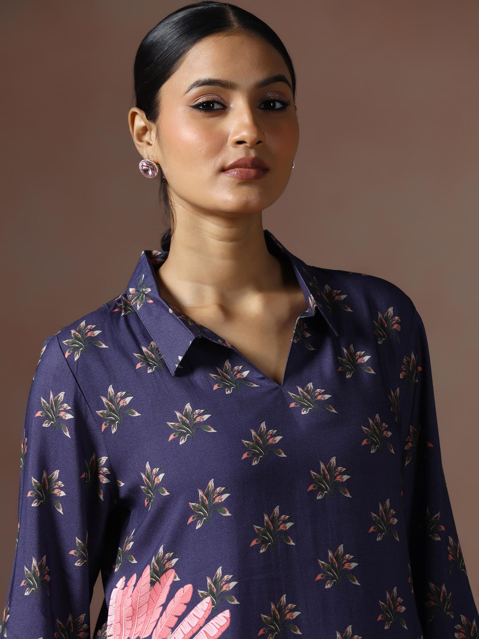 Women Liva Blue Floral Print Co Ord Set.