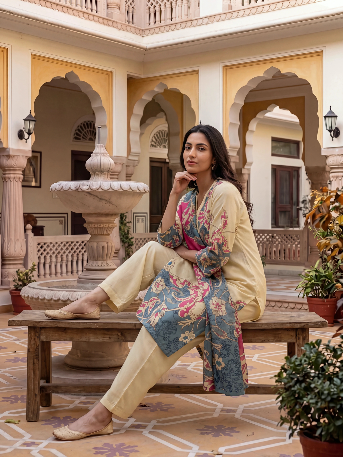 Women Beige Multi Rayon Floral Kurta Comfort Pant Dupatta