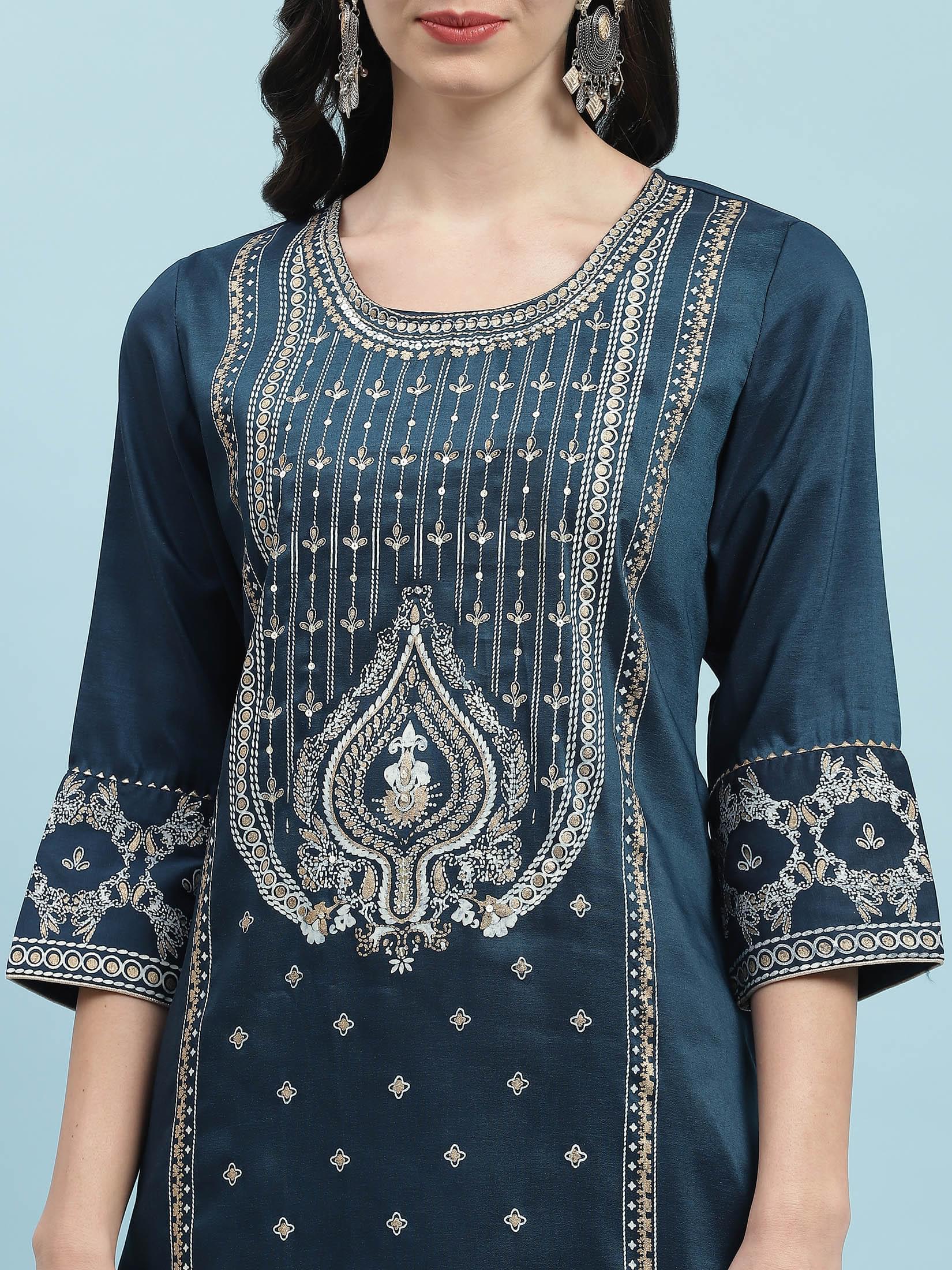 Women Blue Ornamental Printed Kurta.