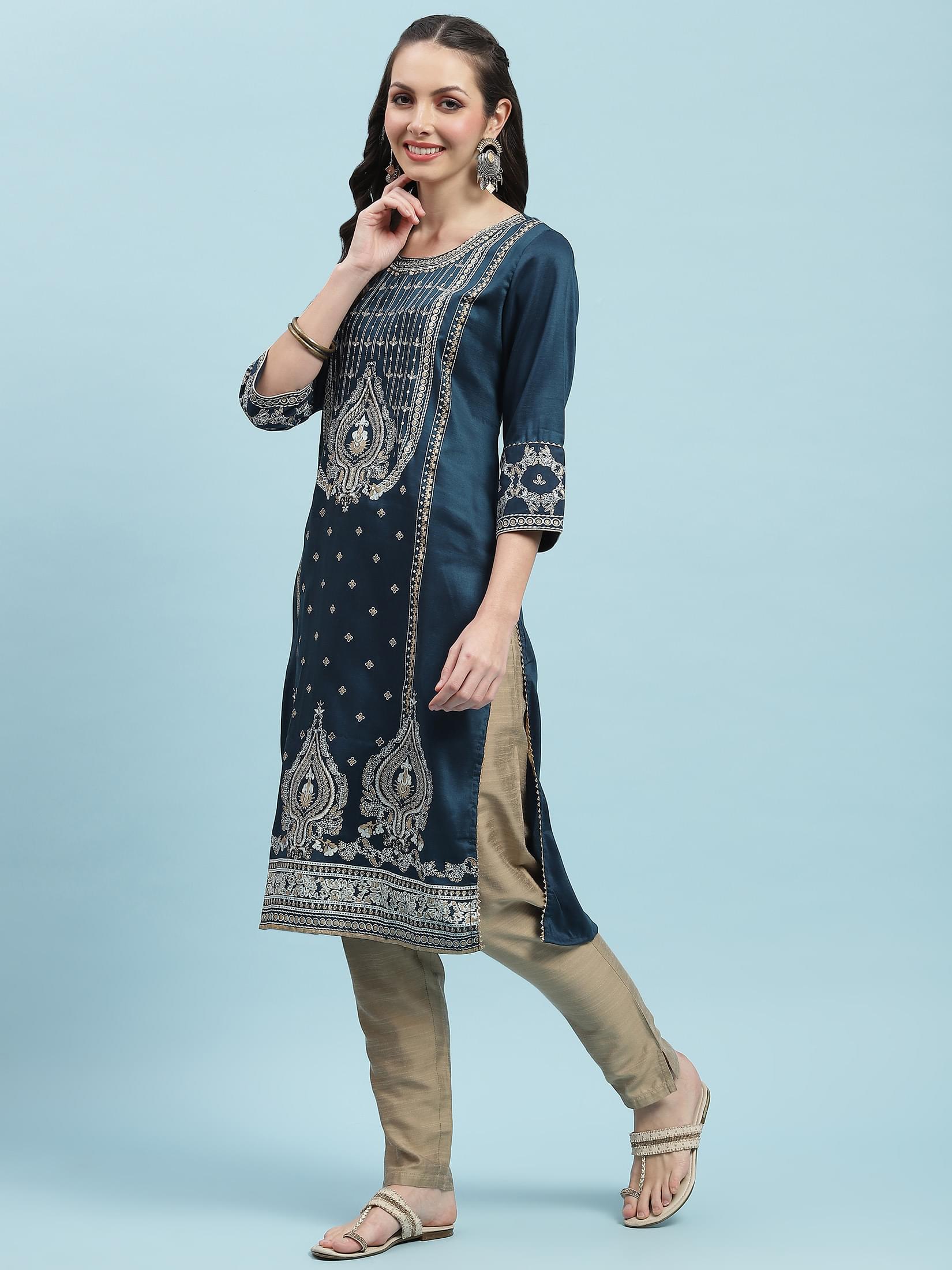 Women Blue Ornamental Printed Kurta.
