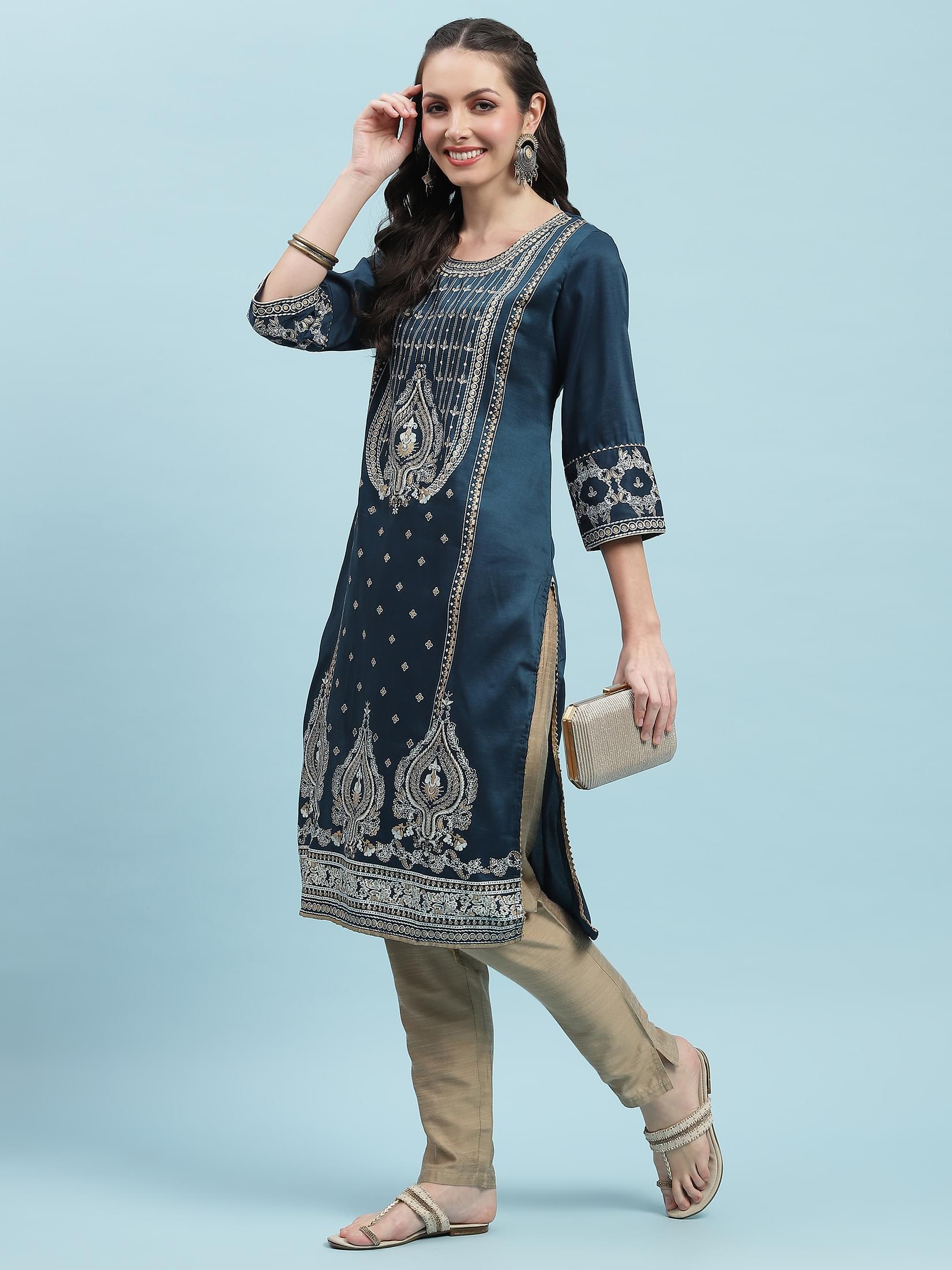 Women Blue Ornamental Printed Kurta.