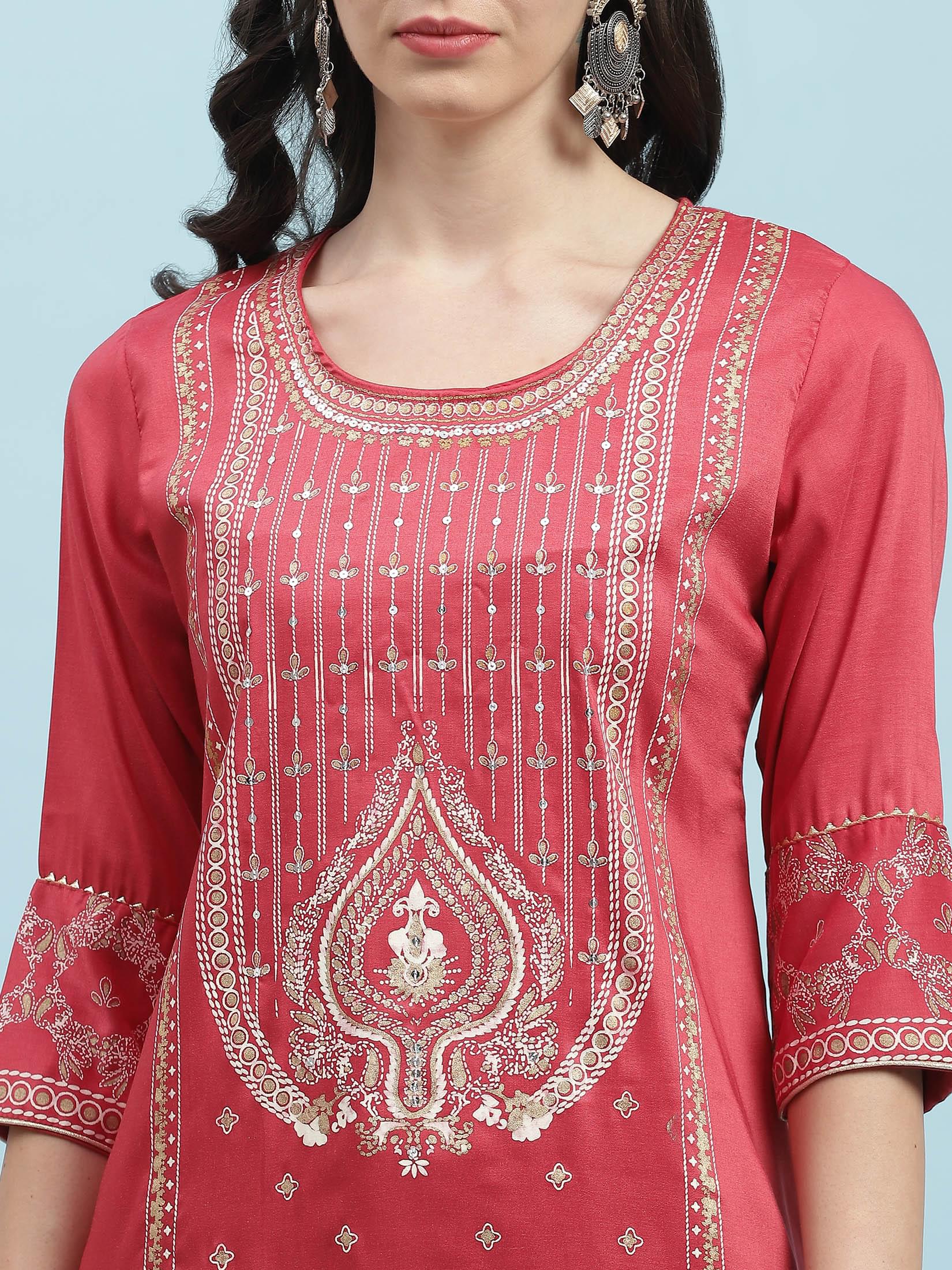 Women Pink Ornamental Print Kurta.