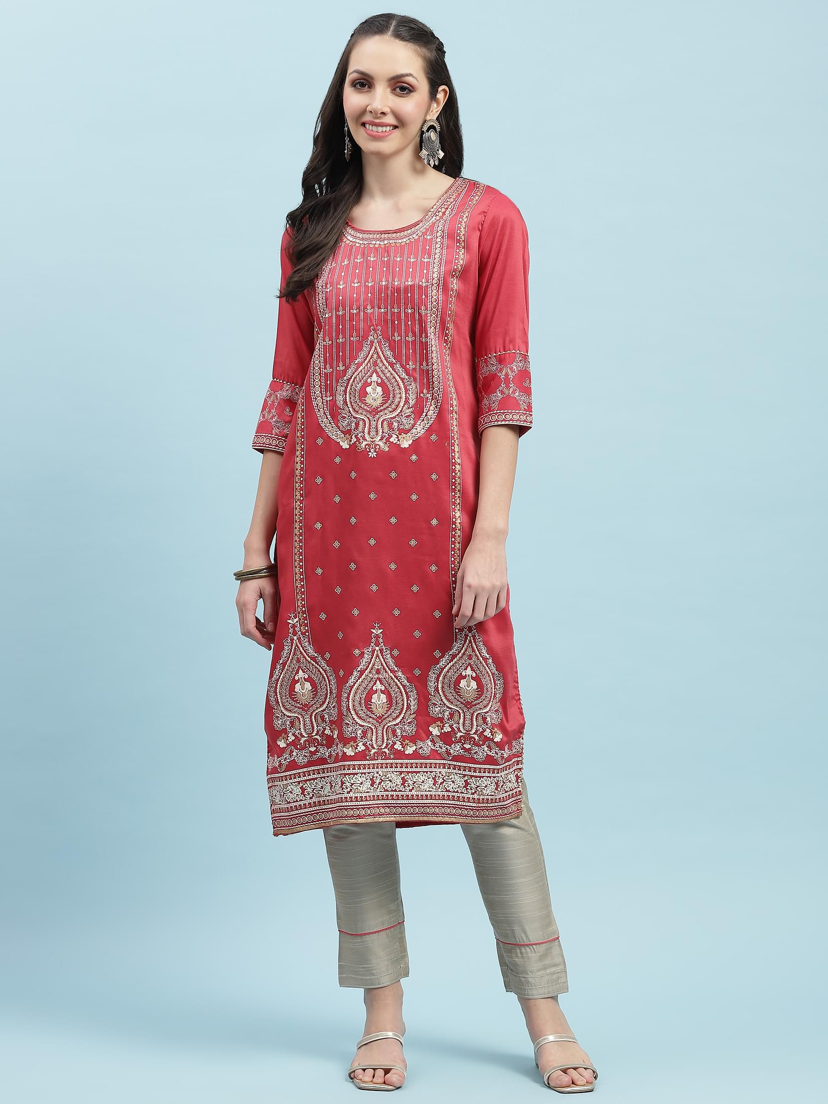 Women Pink Ornamental Print Kurta.