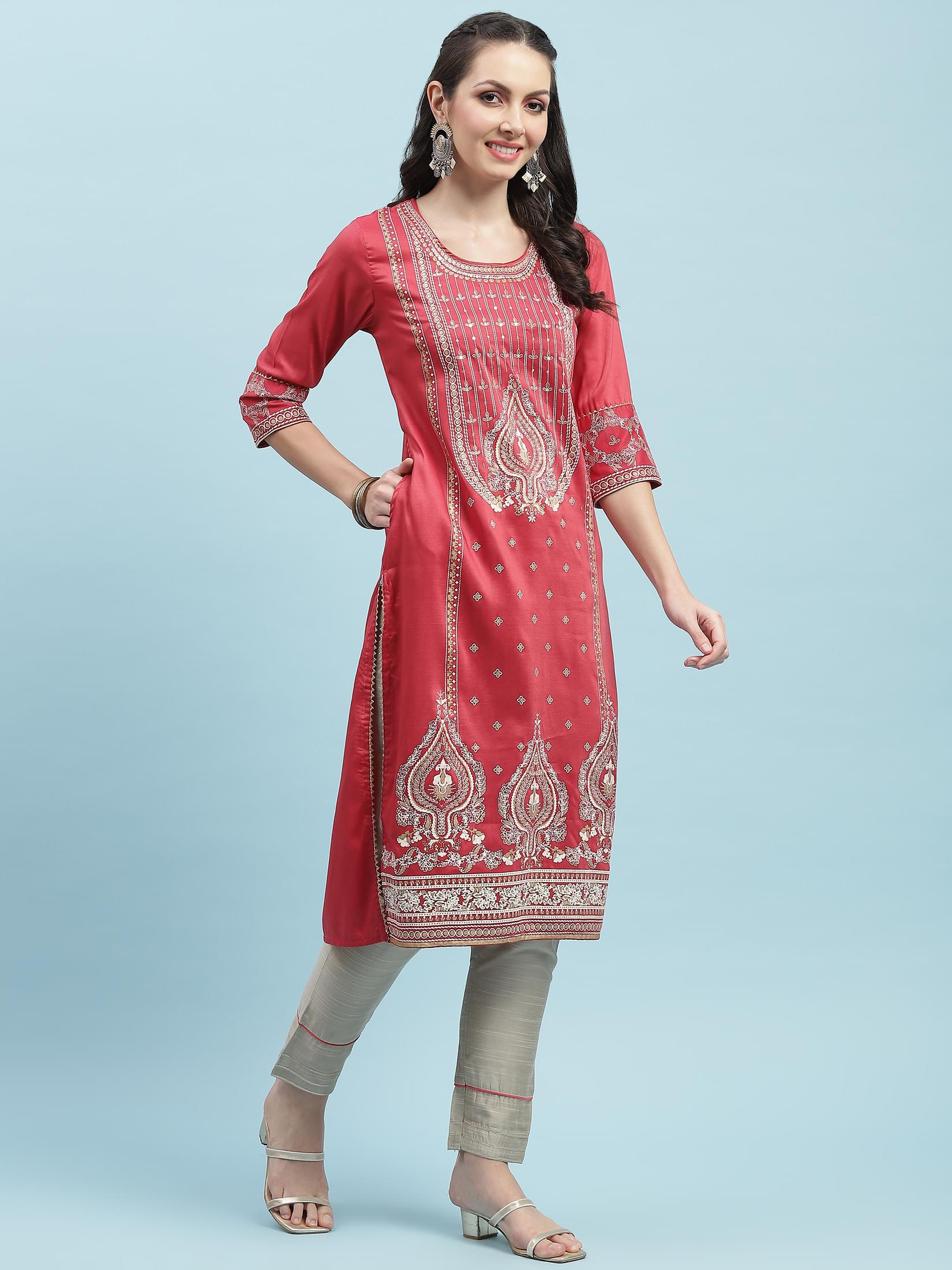 Women Pink Ornamental Print Kurta.